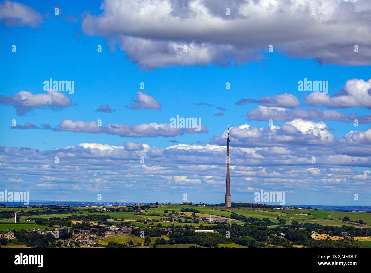 Emley Moor mast, transmitting tower, against a blue sky, West Yorkshire Stock Photo