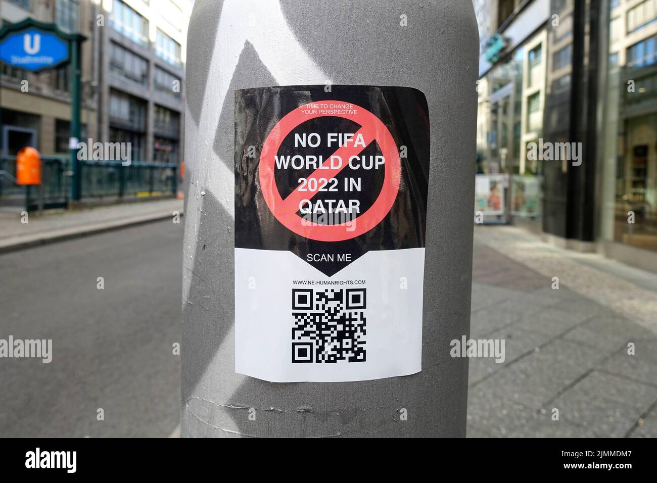 Sticker, No Fifa World cup 2022 in Qatar, Berlin, Germany Stock Photo