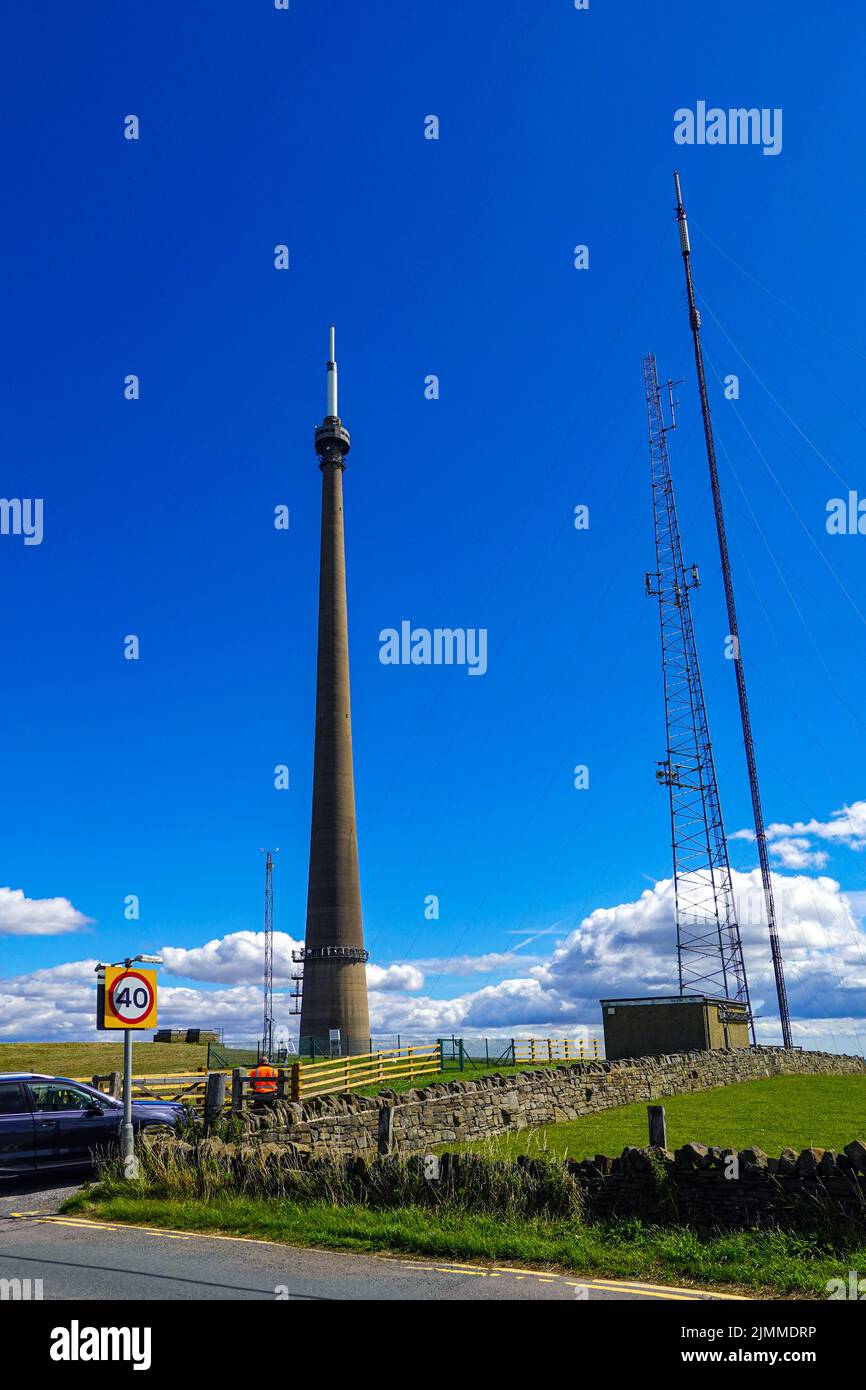 Emley Moor mast, transmitting tower, against a blue sky, West Yorkshire Stock Photo