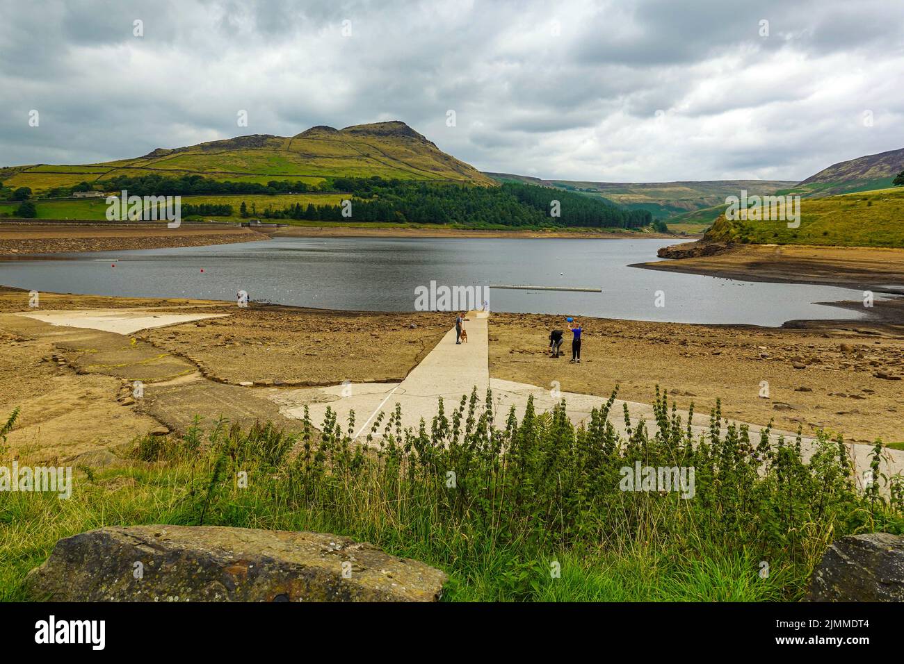 Low water levels in the Dovestones Reservoir, in the Chew Valley, Greater Manchester, the very dry summer 2022, drought Stock Photo