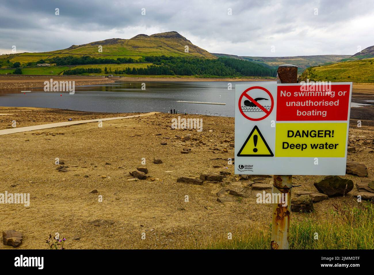 Sign and Low water levels in the Dovestones Reservoir, in the Chew Valley, Greater Manchester, the very dry summer 2022, drought Stock Photo