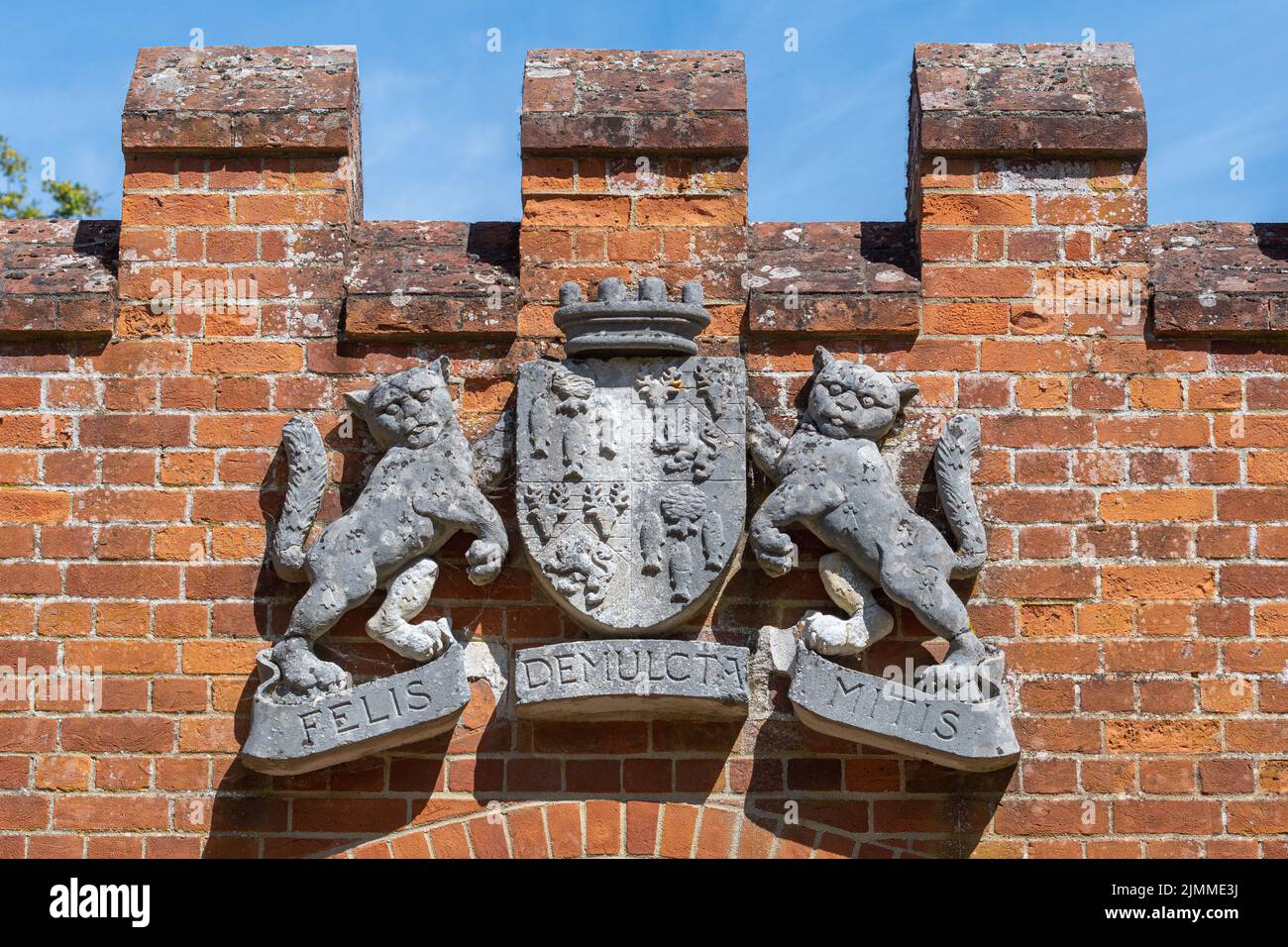 The former Bramshill Police Staff College, now closed, Hampshire, England, UK. Heraldry on the gatehouse at the entrance. Stock Photo