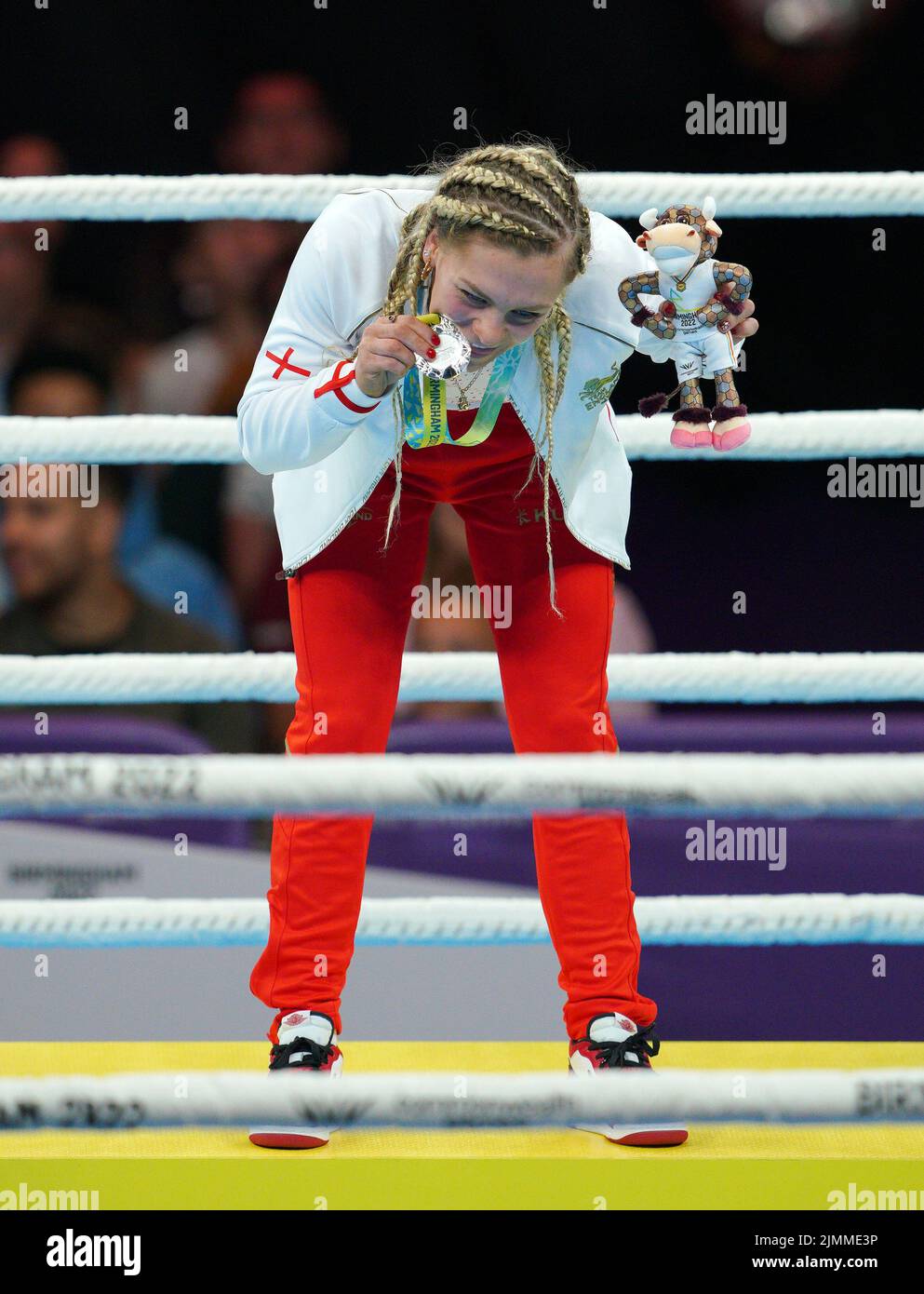 Silver medalist England's Demie-Jade Resztan celebrates on the podium after the Women's Minimum (45-48kg) at The NEC on day ten of the 2022 Commonwealth Games in Birmingham. Picture date: Sunday August 7, 2022. Stock Photo