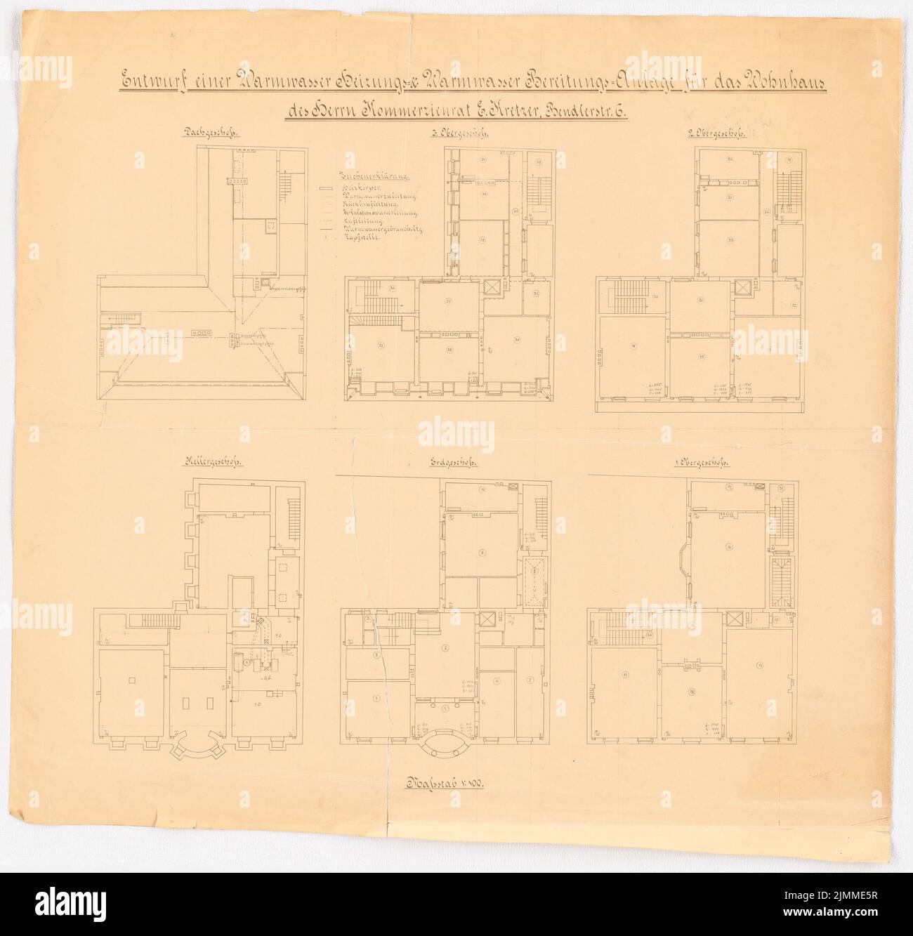 Messel Alfred (1853-1909), Villa E. Kretzer, Berlin (November 14, 1906), 6 floor plans of the hot water and heating system 1: 100, light break on paper, TU UB Plan collection Inv. No. 13283 Stock Photo