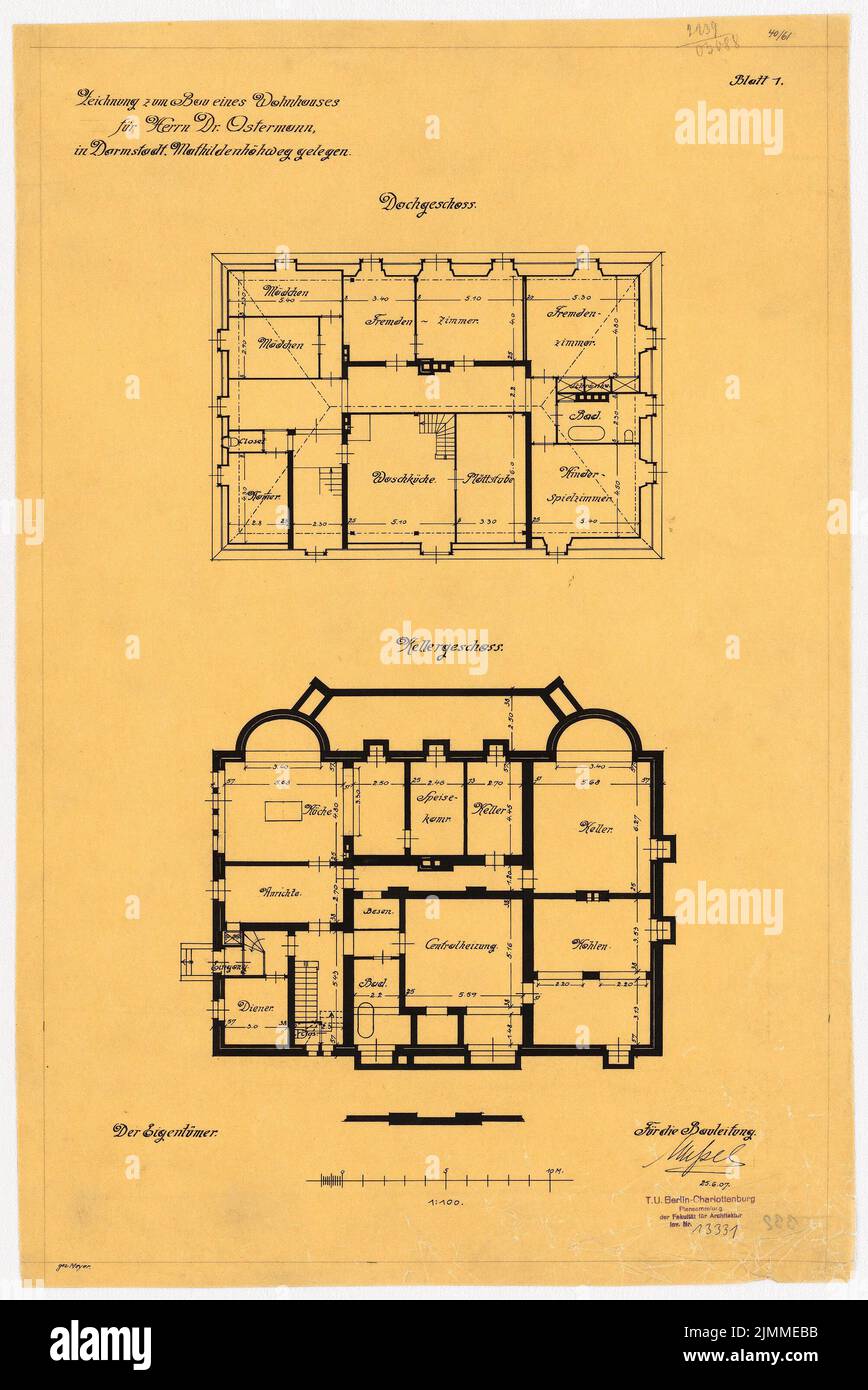 Messel Alfred (1853-1909), Villa Ostermann in Darmstadt. Project I (25.06.1907), floor plan UG and attic, 1: 100, ink on transparent, TU UB Plan collection inv. No. 13331 Stock Photo