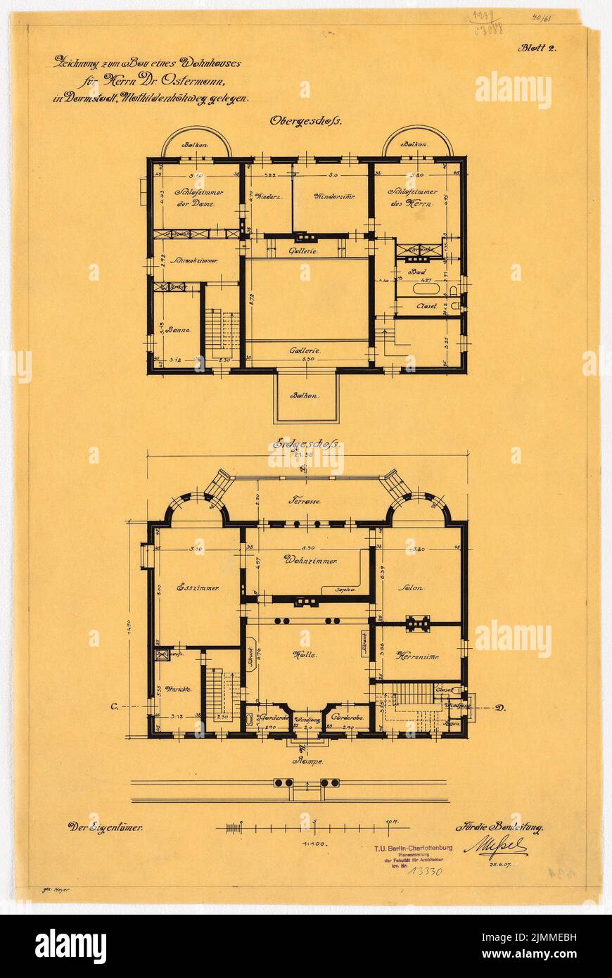 Messel Alfred (1853-1909), Villa Ostermann in Darmstadt. Project I (25.06.1907), Grundrisse EG and OG, 1: 100, ink on transparent, TU UB Plan collection inv. No. 13330 Stock Photo