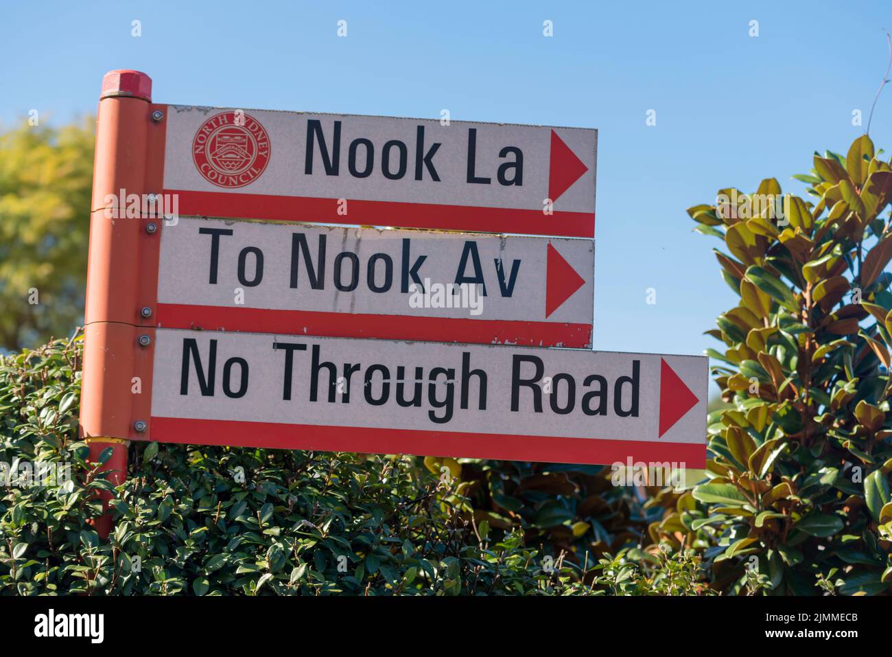 A quirky set of street signs named Nook Lane, leading to Nook Avenue in Neutral Bay, Sydney, Australia Stock Photo