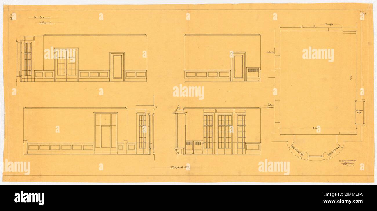 Messel Alfred (1853-1909), Villa Ostermann in Darmstadt. Project II (1907), dining room: floor plan and wall views, 1:25, pencil on transparent, TU UB Plan collection inv. No. 13349 Stock Photo