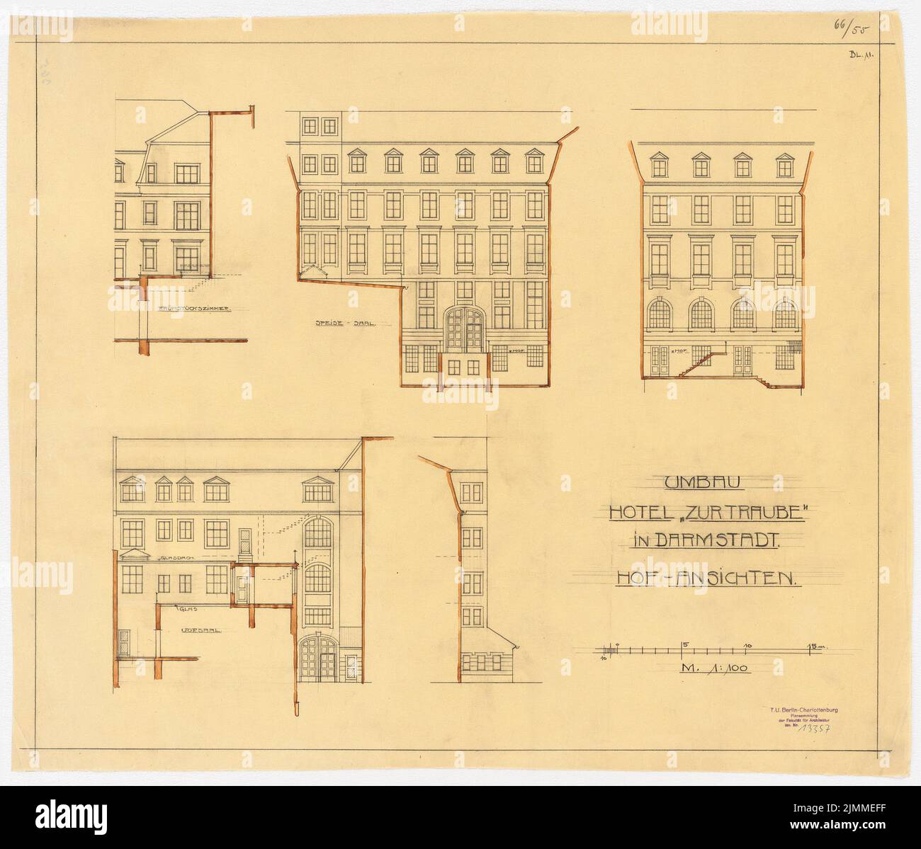 Messel Alfred (1853-1909), Hotel 'Zur Traube' in Darmstadt. Conversion (1905), courtyard views, 1: 100, pencil watercolor on transparent, TU UB Plan collection inv. No. 13357 Stock Photo