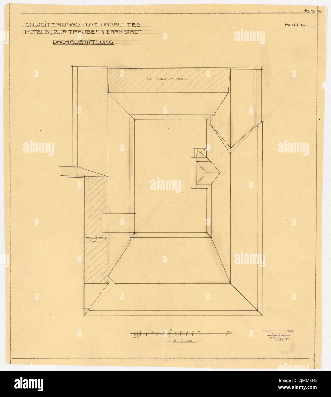 Messel Alfred (1853-1909), Hotel 'Zur Traube' in Darmstadt. Conversion (1905), roof supervision, 1: 100, colored pencil on transparent, TU UB Plan collection inv. No. 13355 Stock Photo