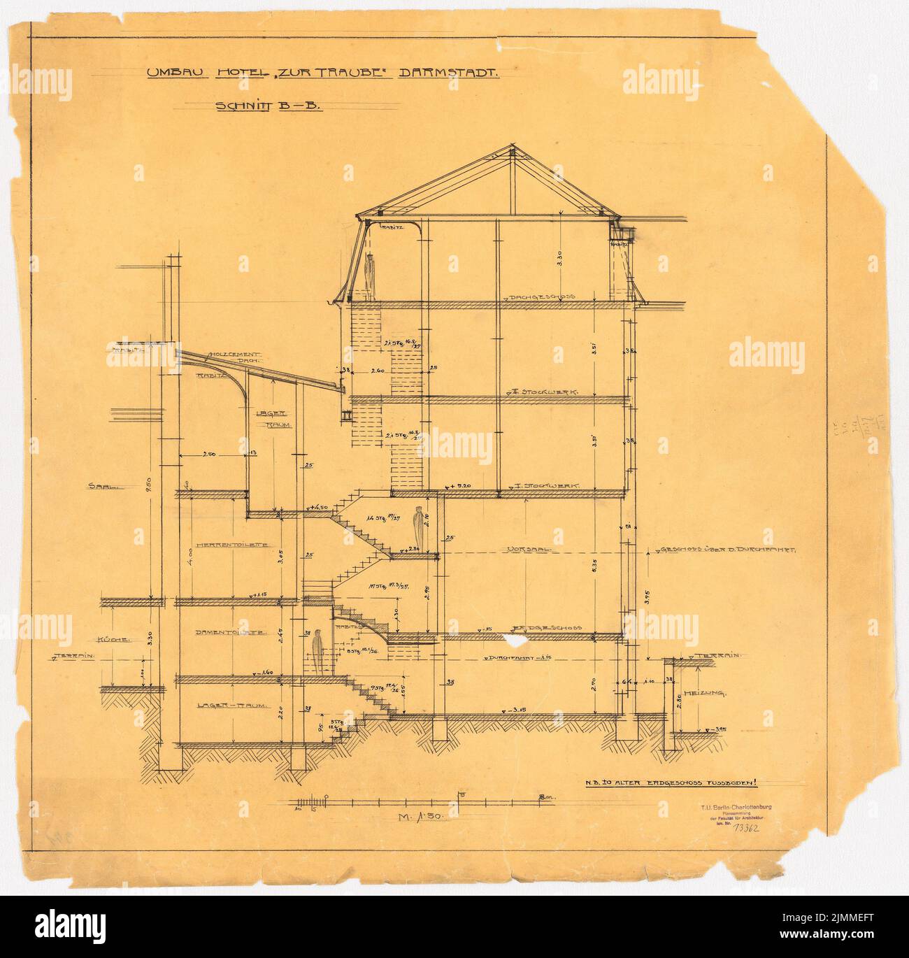 Messel Alfred (1853-1909), Hotel 'Zur Traube' in Darmstadt. Conversion (1905), longitudinal section, 1:50, ink, pencil on transparent, TU UB Plan collection inv. No. 13362 Stock Photo