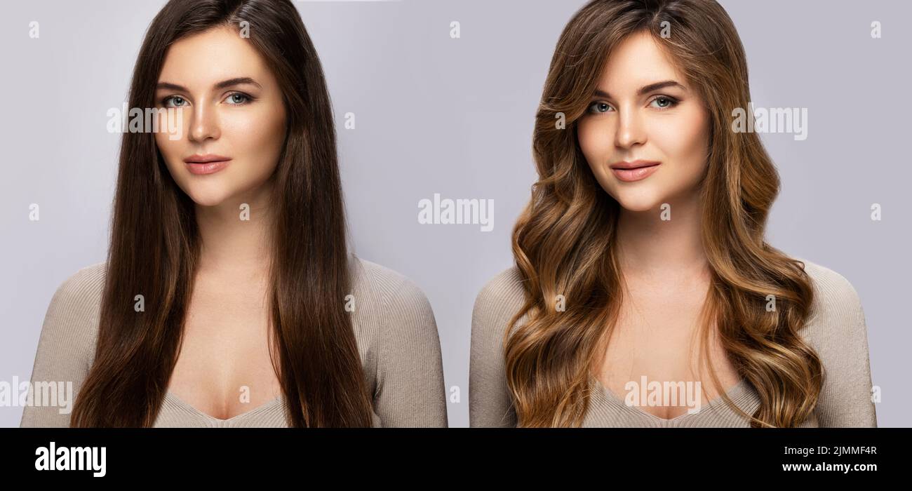 Result of makeover. Woman with a beautiful hair after dyeing and styling. Stock Photo