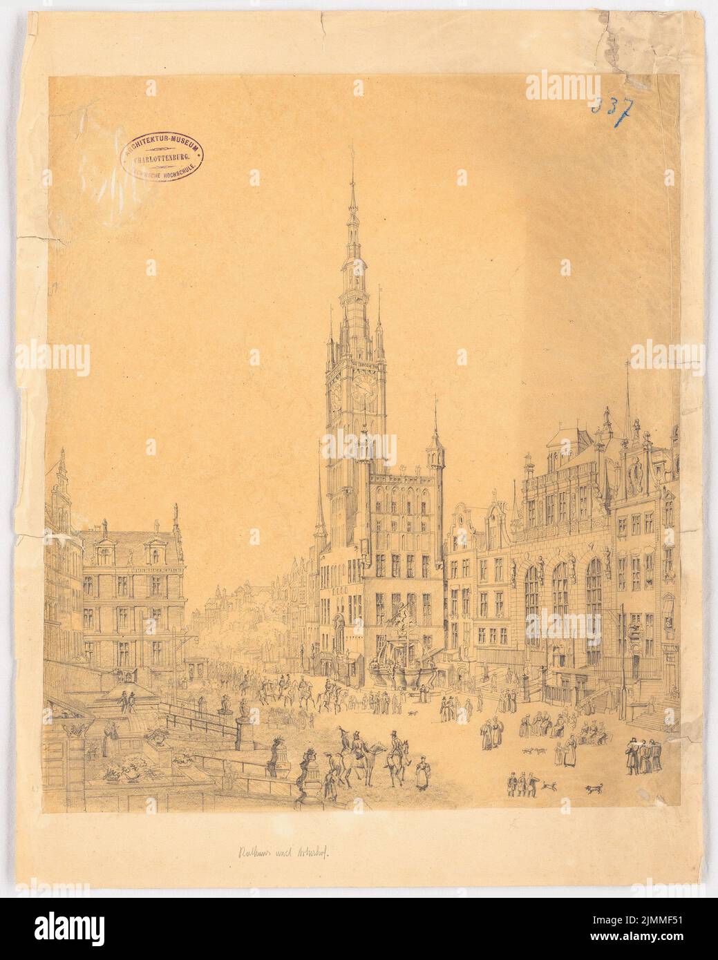 Unknown architect, town hall and artushyard in Gdansk (approx. 1830), view, pencil on transparent, TU UB Plan collection inv. No. 8203 Stock Photo