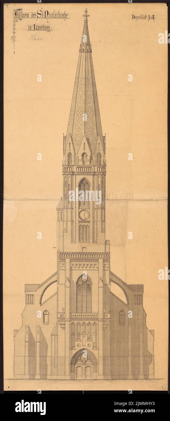 Hasse, tower of the Nicolaikirche in Lüneburg (without date): View from the front. Ink on cardboard, 102 x 44 cm (including scan edges) Stock Photo