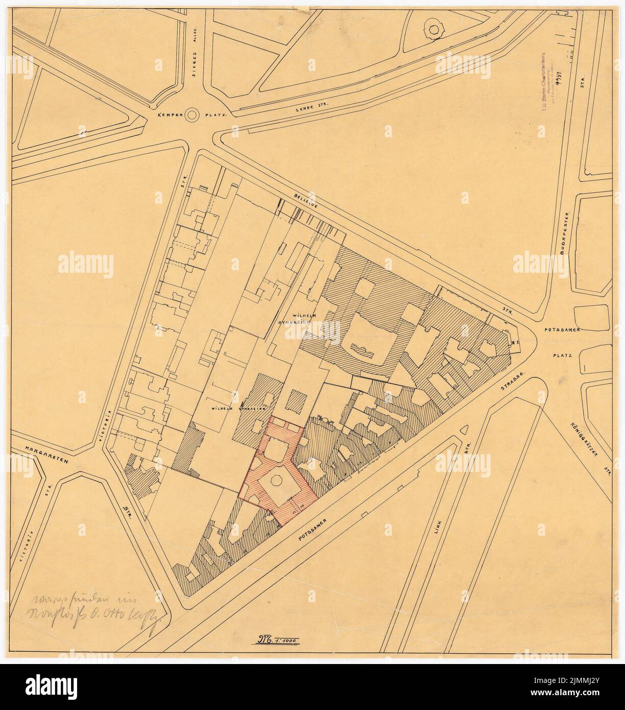 Unknown author, city map Potsdamer Platz, Potsdamer Straße, Kemperplatz, Berlin (without date): City map 1: 1000. Ink, ink colored on transparent, 59.3 x 55.9 cm (including scan edges) Stock Photo