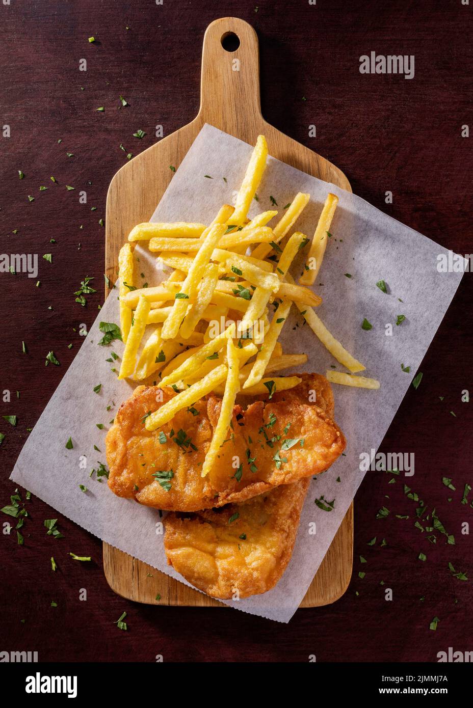 Flat lay fish chips chopping board Stock Photo Alamy