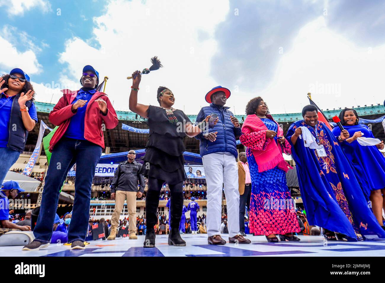 The Azimio la Umoja One Kenya flag bearer Raila Odinga (C) and his wife Ida Odinga dance to a music during the coalitions final rally at Kasarani Stadium. The Azimio La Umoja One Kenya Final Rally was held At Moi International Stadium-Kasarani. (Photo by Donwilson Odhiambo / SOPA Images/Sipa USA) Stock Photo