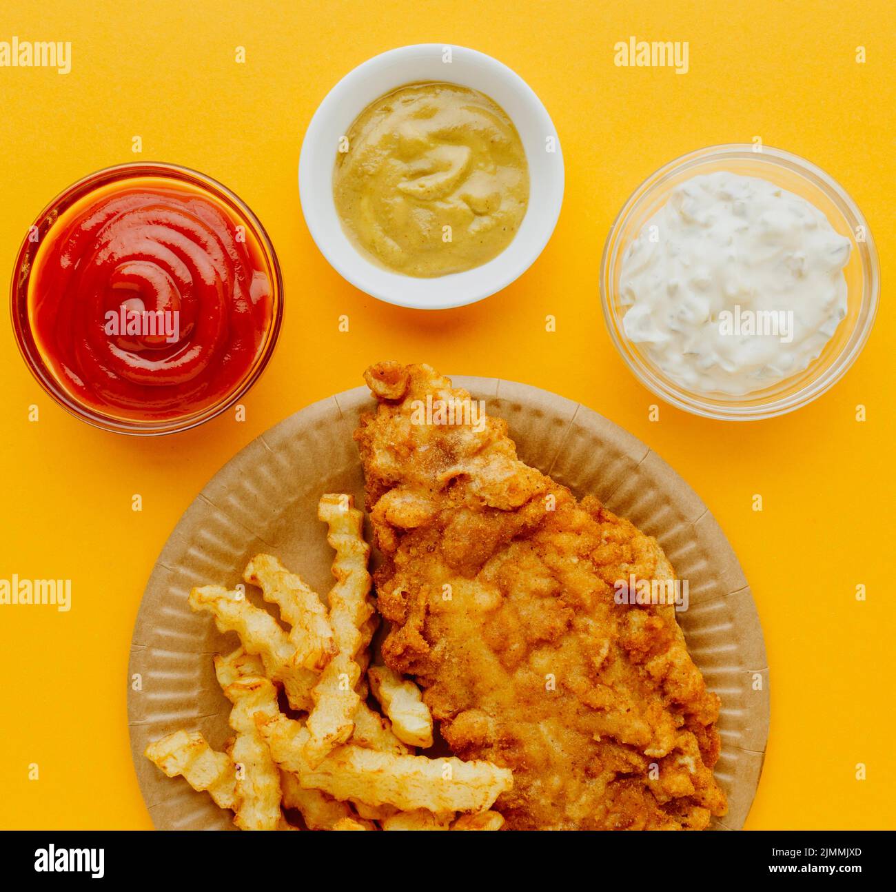 Top view fish chips plate with sauces Stock Photo Alamy