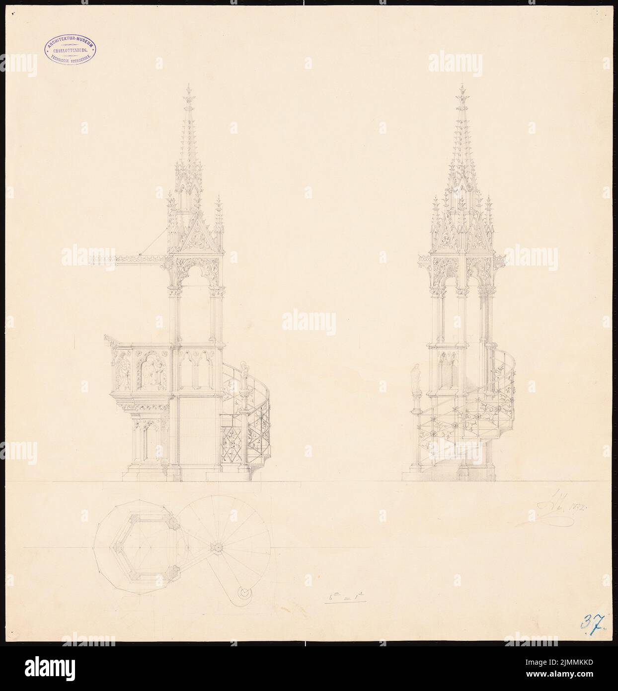 Schmidt Friedrich von (1825-1891), Maria Church vom Sieges in the five-house, Vienna (1872): floor plan and view of the pulpit. Ink, pencil on cardboard, 56.5 x 54.1 cm (including scan edges) Stock Photo