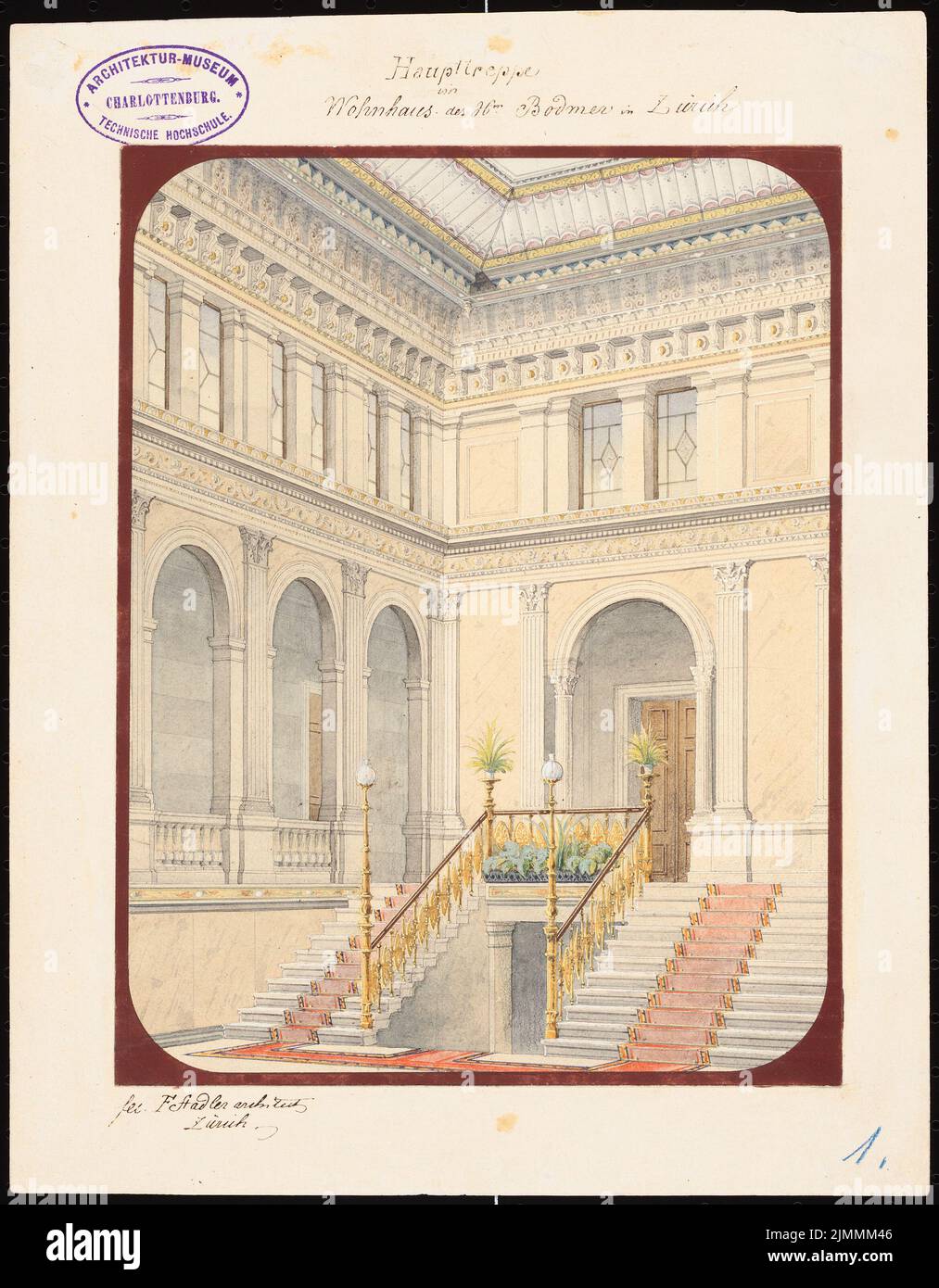 Stadler Ferdinand (1813-1870), Bodmer residential building in Zurich (without a year): staircase: perspective interior view. Tusche watercolor on the box, 31.4 x 24.5 cm (including scan edges) Stock Photo