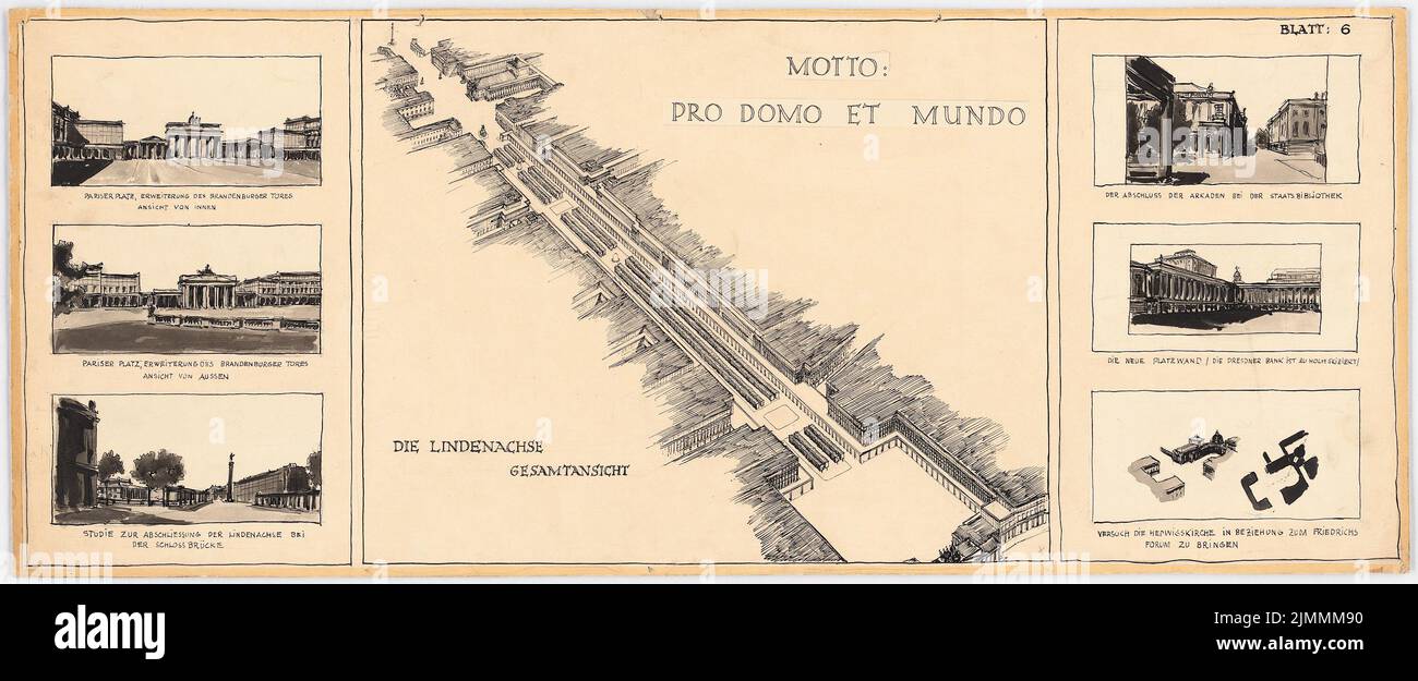 Wondracek Rudolf (1886-1942), redesign of the street Unter den Linden in Berlin (1925): Axonometric roof supervision of the street Unter den Linden, 5 perspectives and 2 axonometries. Ink, pencil watercolored on paper, 41.4 x 100.6 cm (including scan edges) Stock Photo