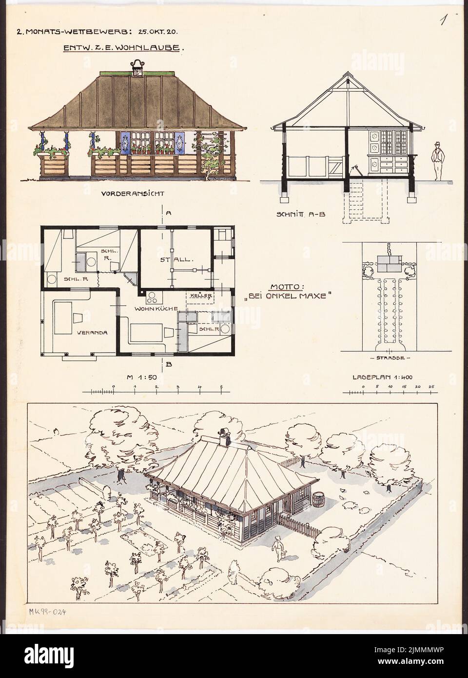 Unknown architect, residential arbor. Monthly competition October 1920 (10.1920): site plan 1: 400; Floor plan, ancestor of the front view, longitudinal section 1:50; 2 scale strips. Tusche watercolor on the box, 58.3 x 43.1 cm (including scan edges) Stock Photo