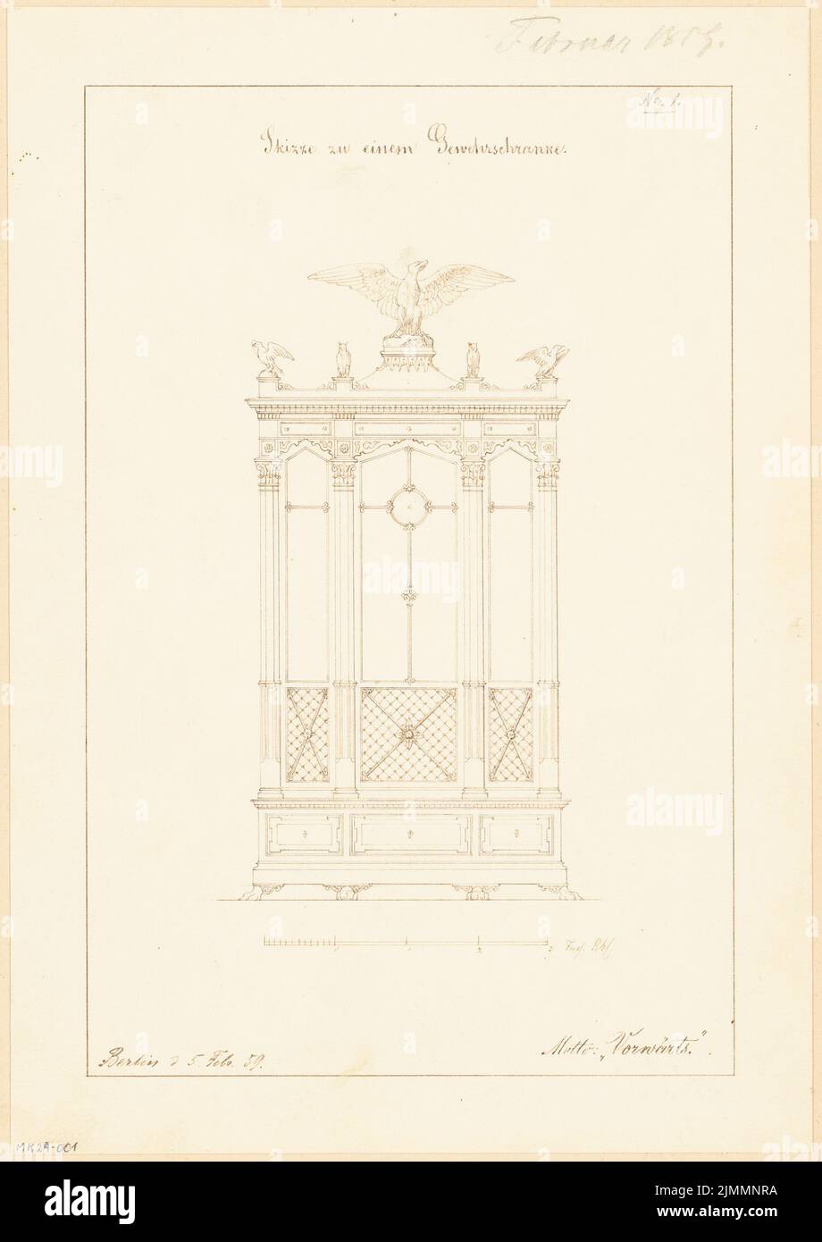 Schröter Victor (1839-1901), rifle cabinet. Monthly competition February 1859 (02.1859): Riss front view; Scale bar. Ink on paper, 31.4 x 22.2 cm (including scan edges) Stock Photo