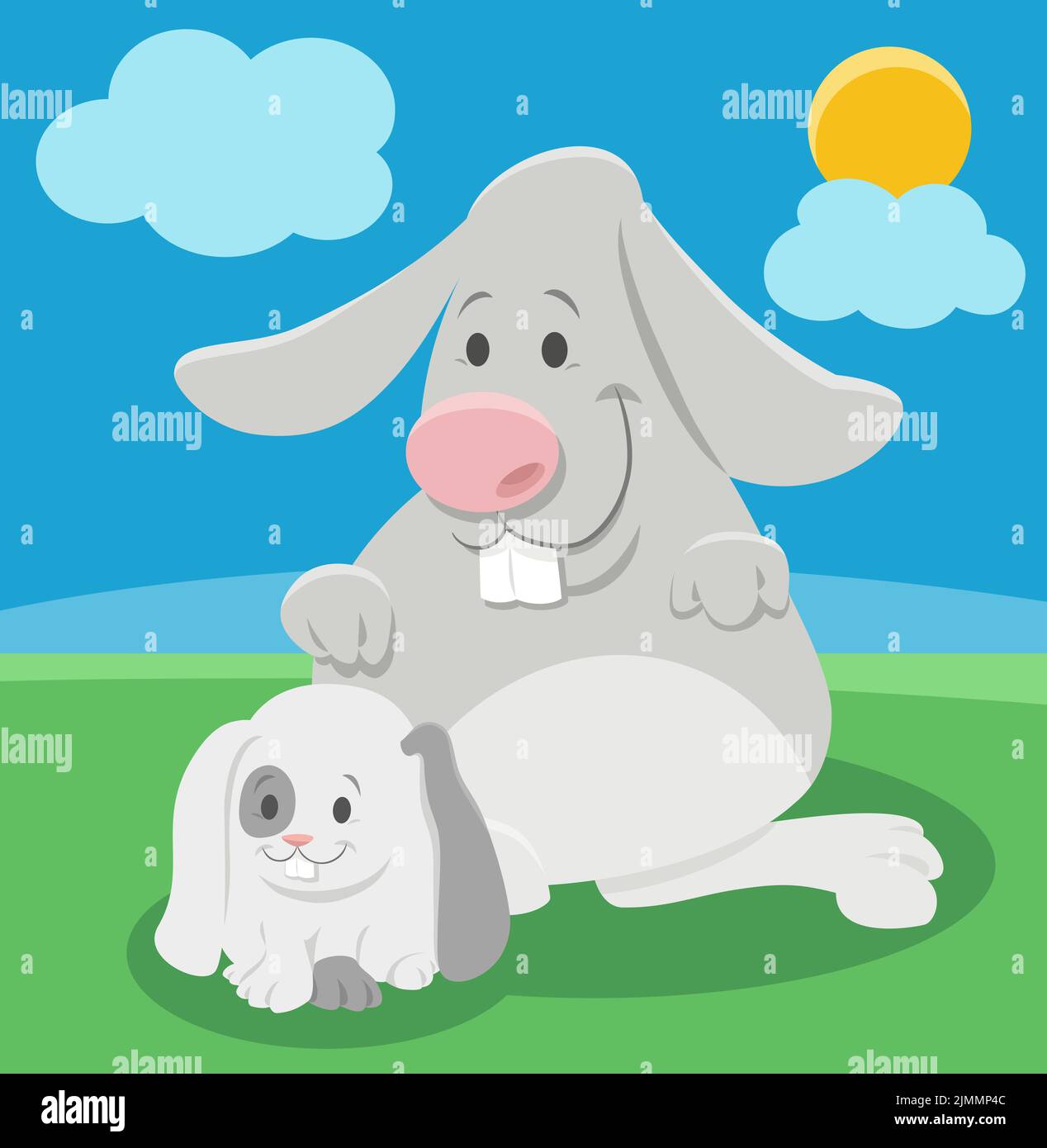 Happy cartoon rabbit animal character with little bunny Stock Photo - Alamy