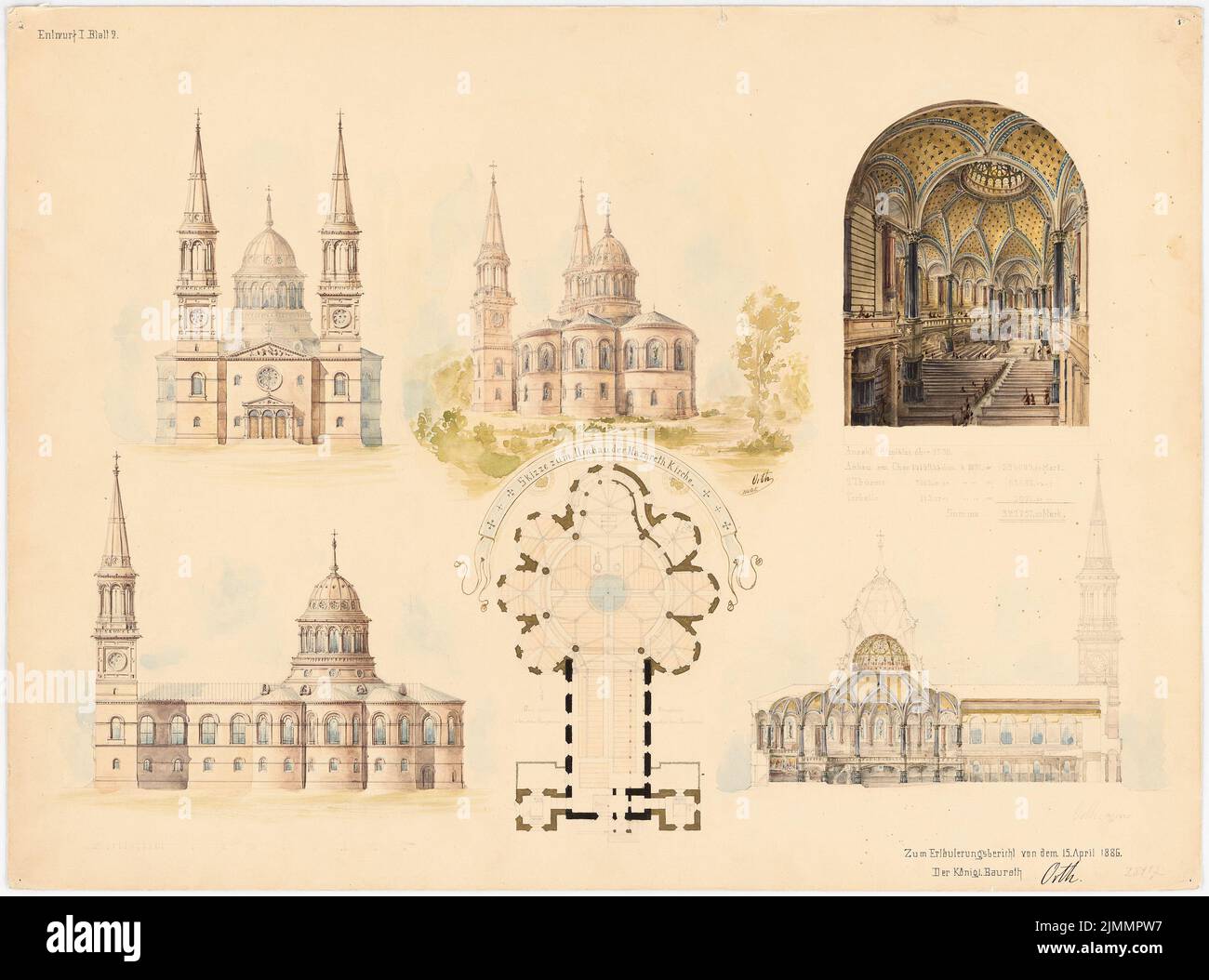 Orth August (1828-1901), Nazarethkirche (1835), Berlin-Wedding. Project I (conversion) (April 15, 1886): floor plan, views, cut, perspective interior view. Pencil watercolored, gold heighted on the cardboard, 48 x 64.7 cm (including scan edges) Stock Photo