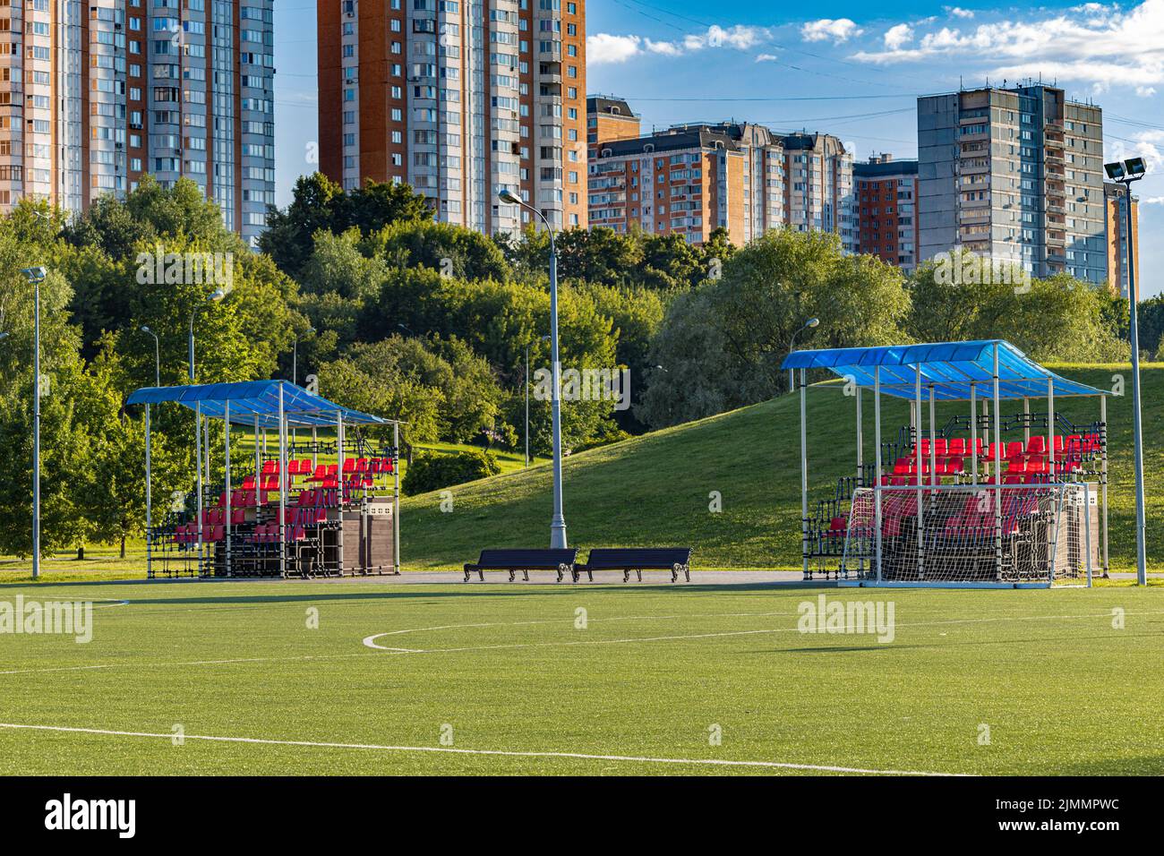 empty football field with an empty stand. High quality photo Stock Photo