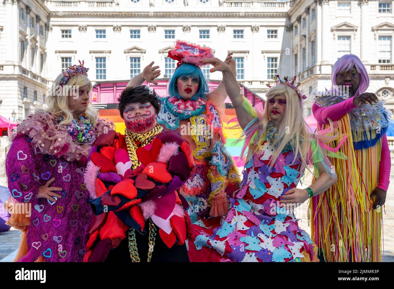 London, UK.  7 August 2022. (L to R) Davina Starr, Justin Bond, Lady Mercury, Nikita Gold and Lady Francesca, part of internationally acclaimed drag collective Drag Syndrome, take to the stage ahead of their day-to-night Sunday Street Party at Somerset House as part of This Bright Land, a new cultural festival created in collaboration with Gareth Pugh and Carson McColl, which runs until 29 August 2022.  Credit: Stephen Chung / Alamy Live News Stock Photo