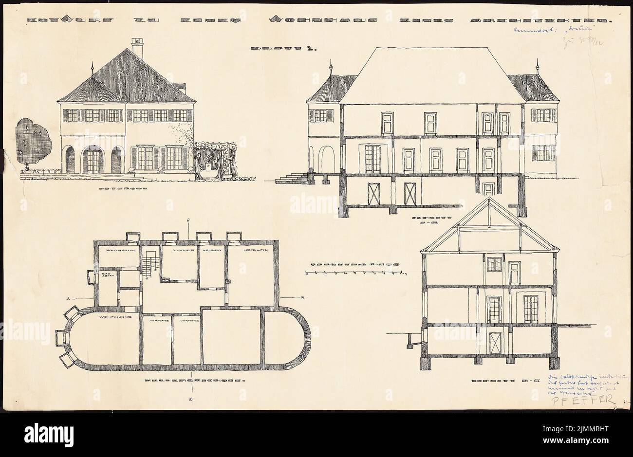 Pepper, house of an architect (without a year): floor plan KG, longitudinal cut and cross -section, Eastern Front 1: 100. Ink on paper, 42.7 x 65.4 cm (including scan edges) Stock Photo