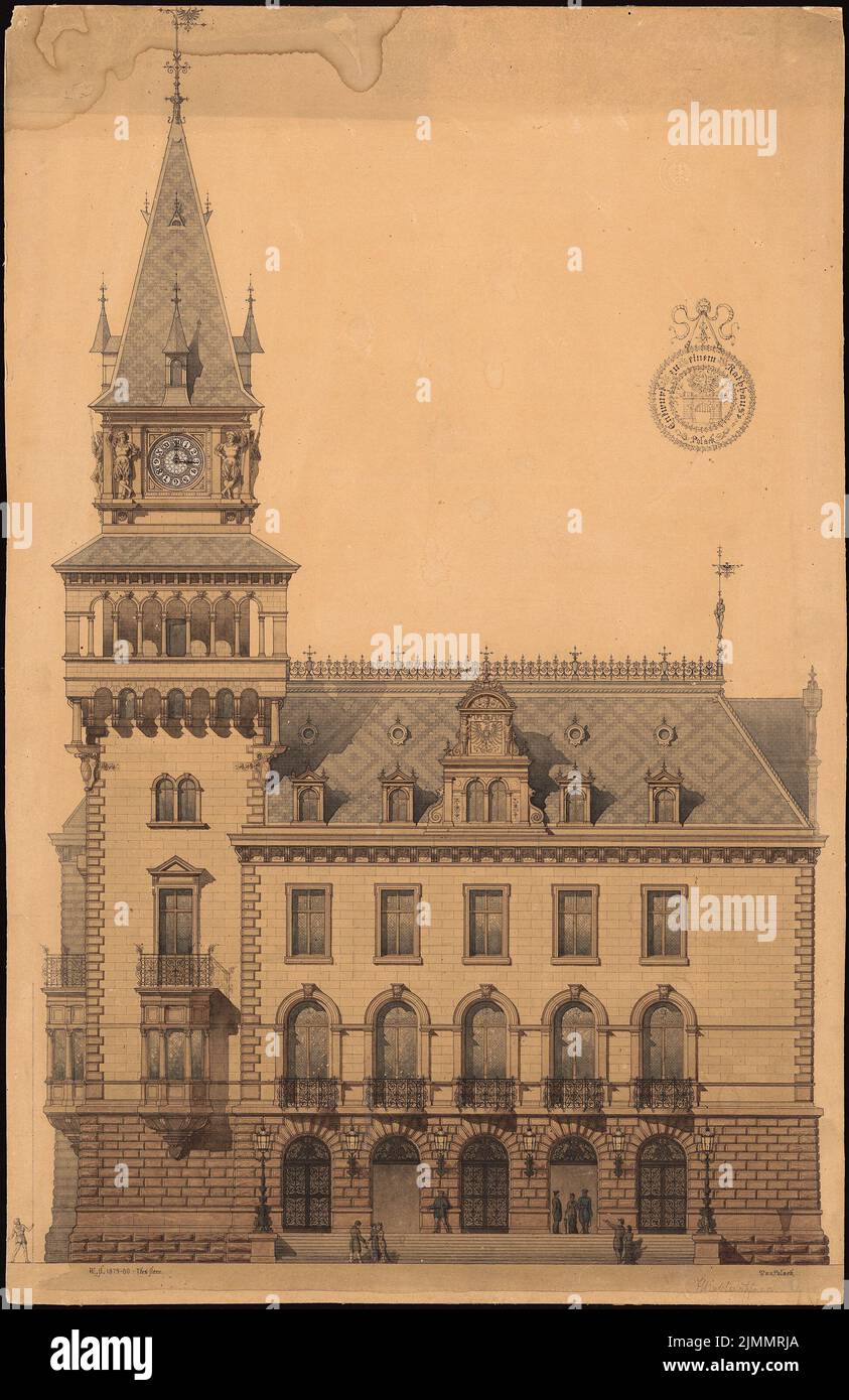 Polack, Rathaus (1879/1880): View. Tusche watercolor, white heighted on the cardboard, 102.5 x 66.5 cm (including scan edges) Stock Photo