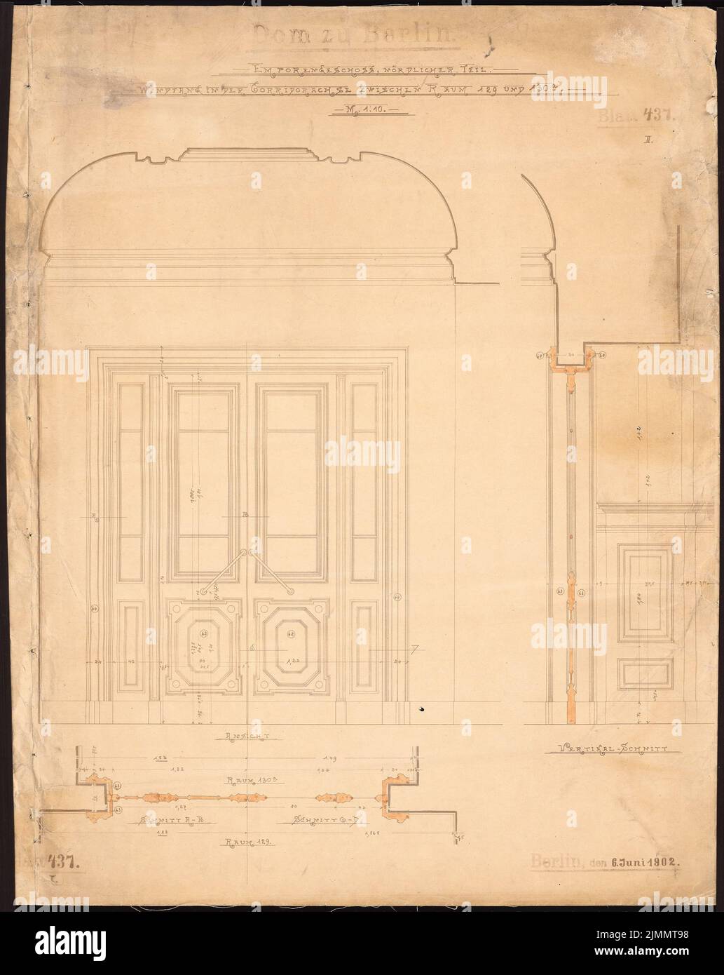 Raschdorff Julius (1823-1914), Berlin Cathedral (June 6, 1902): Windfang in the northern part of the gallery floor 1:10. Light break watercolored on paper, 81.5 x 64.8 cm (including scan edges) Stock Photo