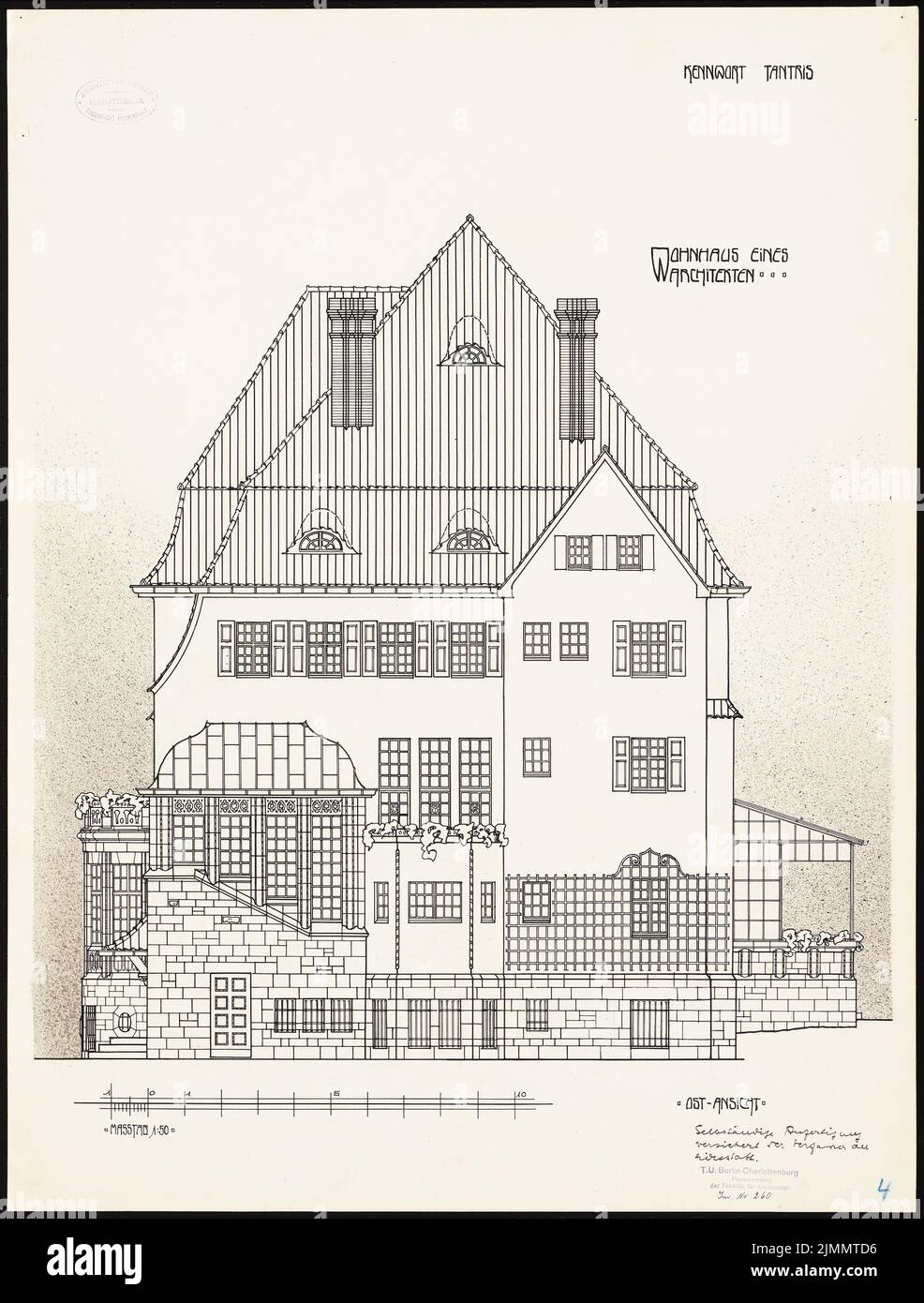 Behringer Wilhelm, residential building for an architect, Berlin (1909): Eastern view 1:50. Ink on cardboard, 66.4 x 50.4 cm (including scan edges) Stock Photo