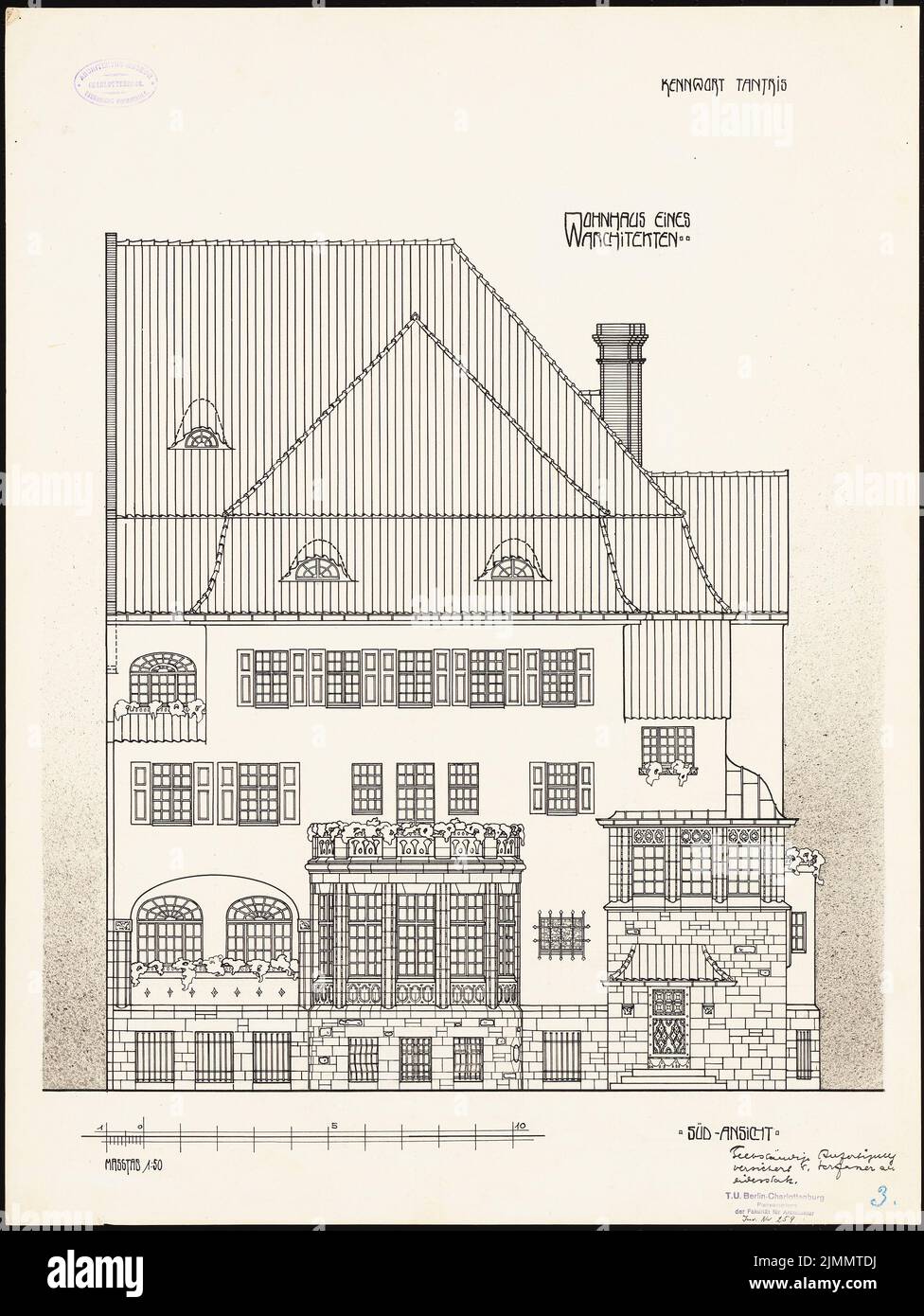 Behringer Wilhelm, residential building for an architect, Berlin (1909): South view 1:50. Ink on cardboard, 66.5 x 49.9 cm (including scan edges) Stock Photo