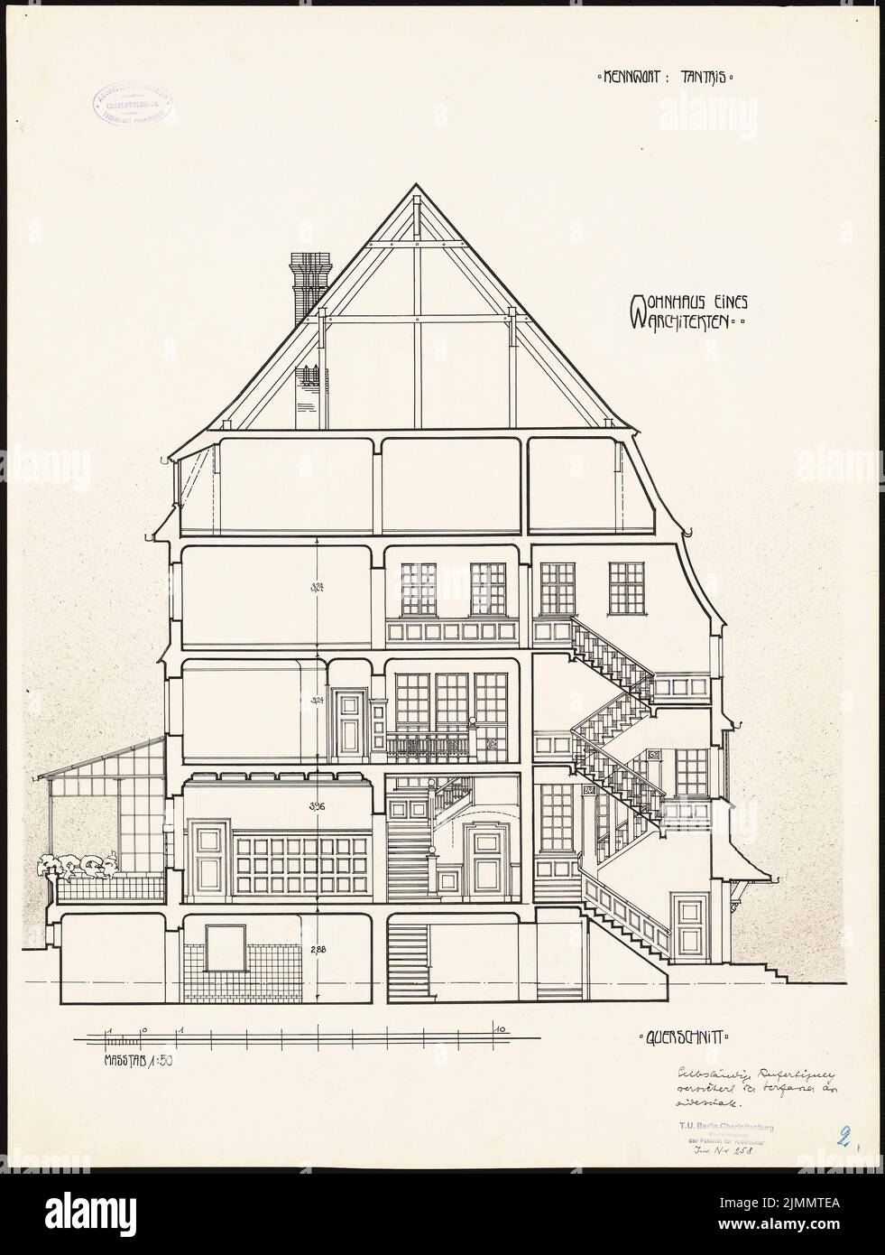 Behringer Wilhelm, residential building for an architect, Berlin (1909): cross -section 1:50. Ink on cardboard, 66.3 x 50 cm (including scan edges) Stock Photo