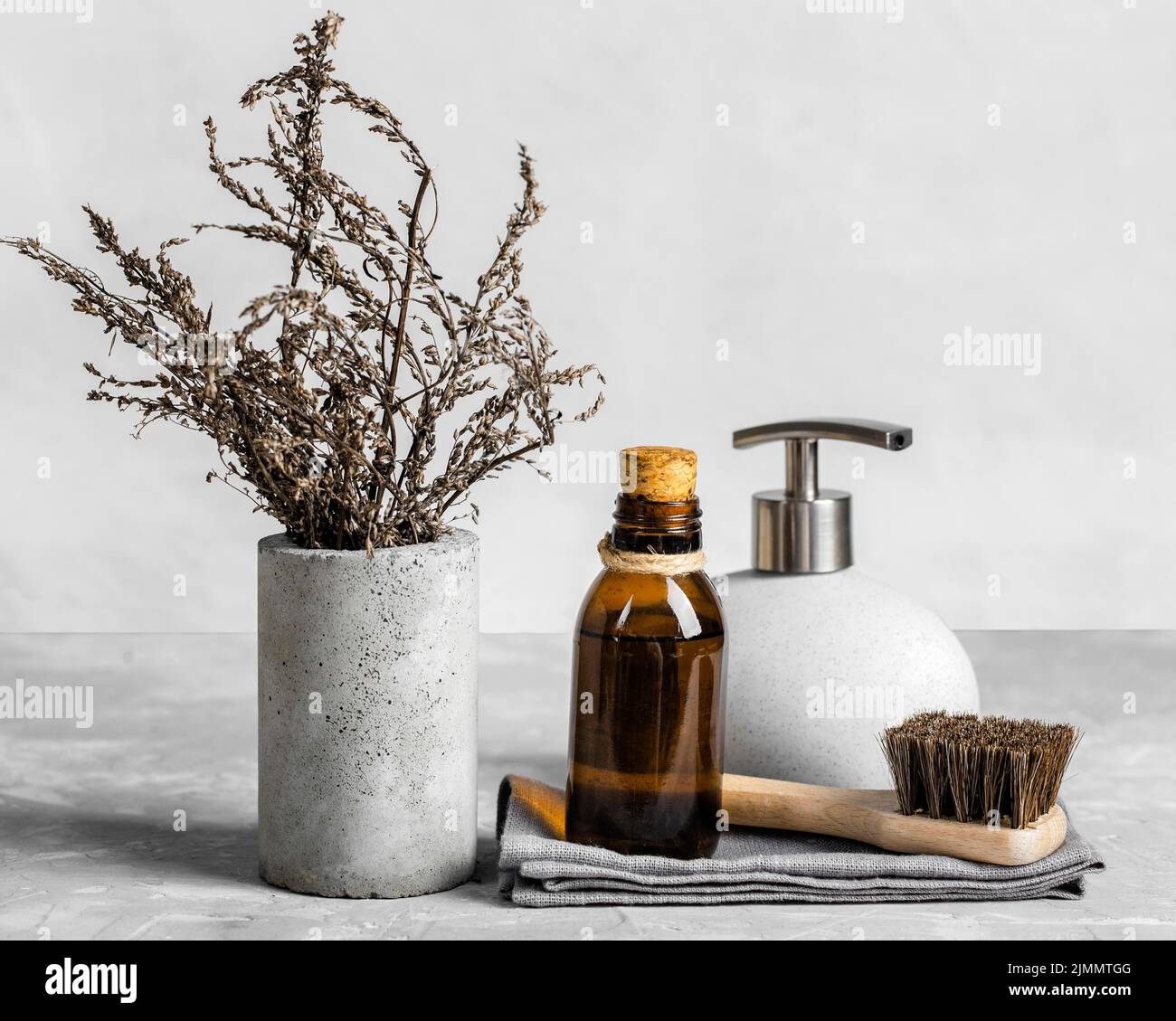 Eco friendly cleaning products set table with brush Stock Photo - Alamy