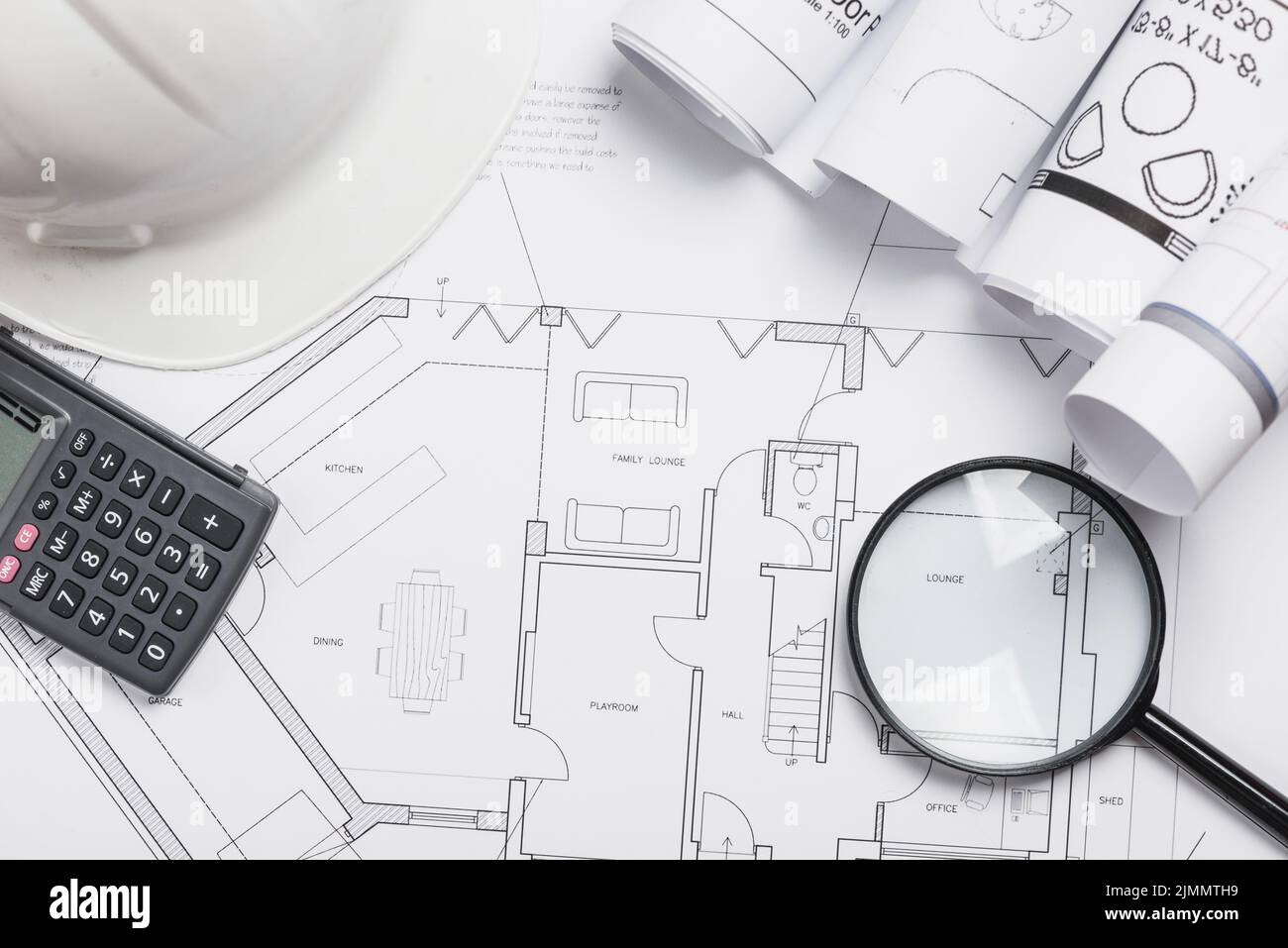 Blueprint with magnifying glass Stock Photo Alamy