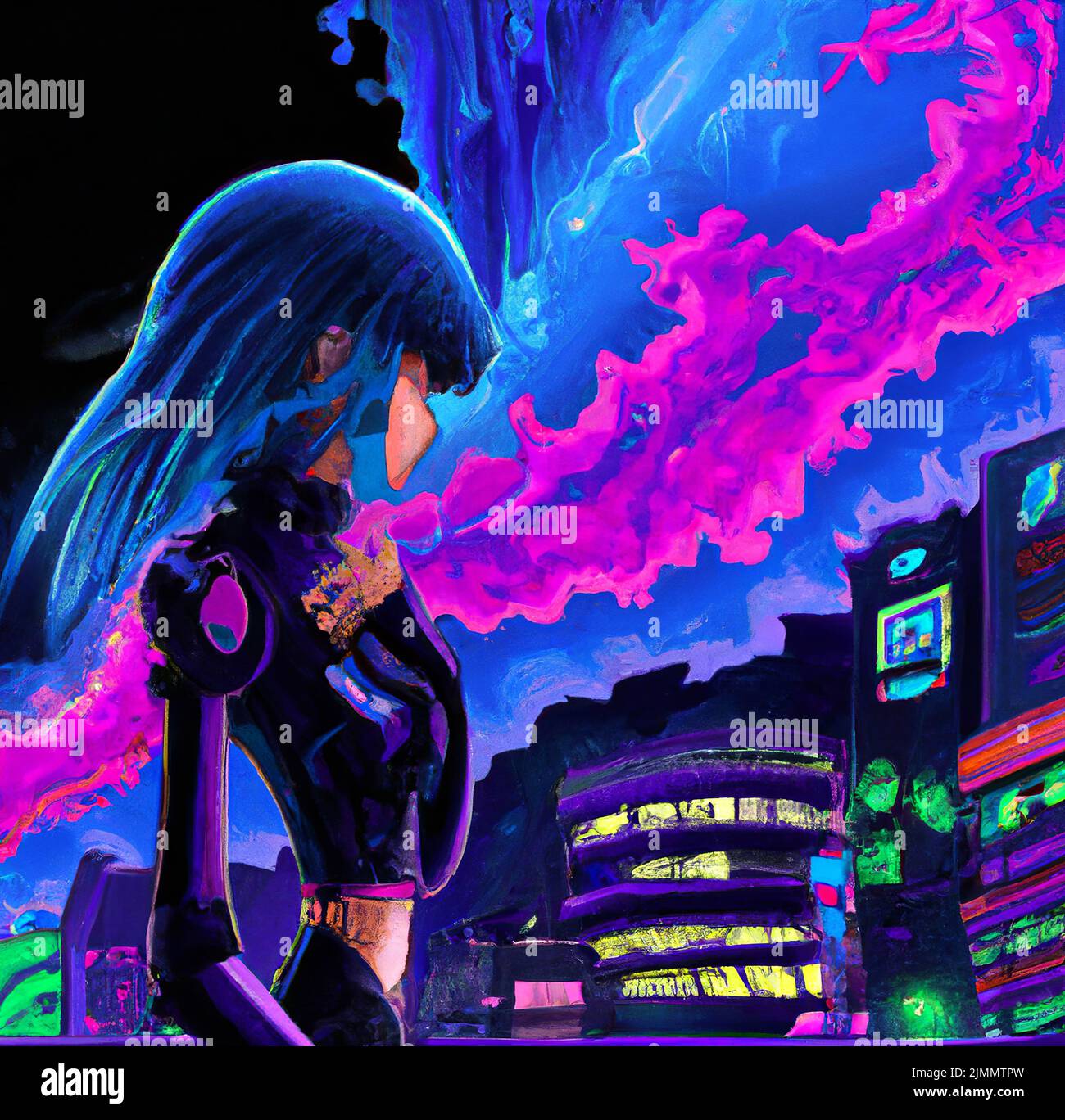 Cyberpunk girl in neon world illustration. Fantastic future concept art. Glow woman portrait in fantasy style Stock Photo