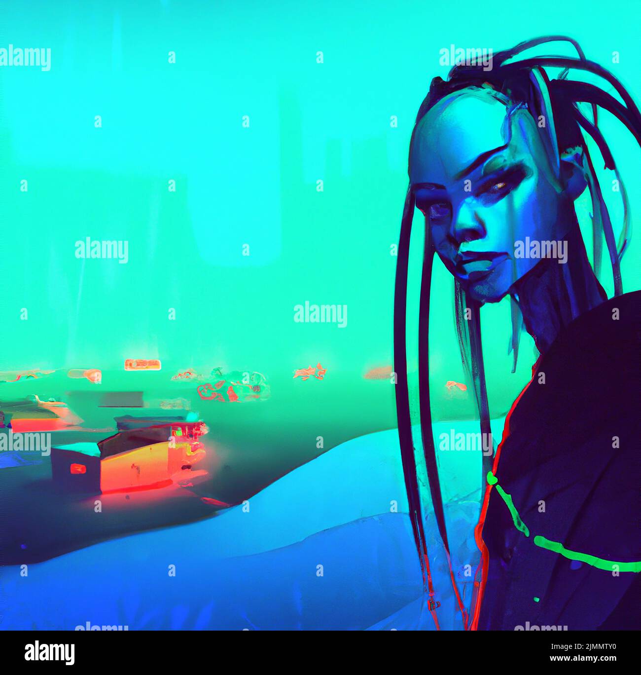 Cyberpunk girl in neon world illustration. Fantastic future concept art. Glow woman portrait in fantasy style Stock Photo