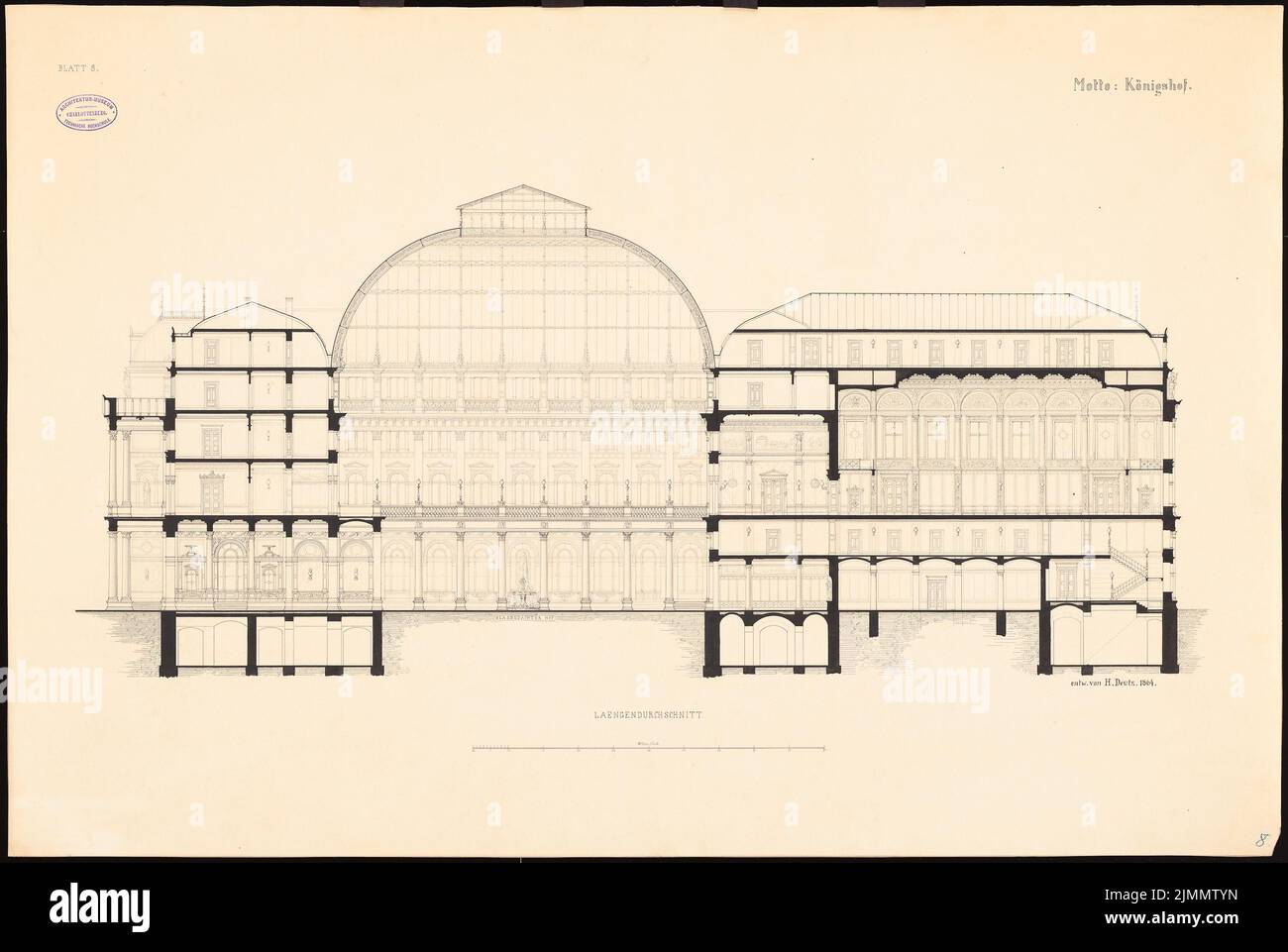 Deutz Heinrich, Gasthof 1. Rang for Berlin. Schinkel competition 1865 (1864): longitudinal section with interior view. Ink on cardboard, 64 x 95.4 cm (including scan edges) Stock Photo