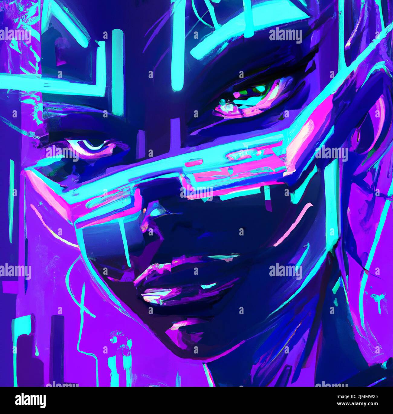 Cyberpunk Girl In Neon World Illustration. Fantastic Future