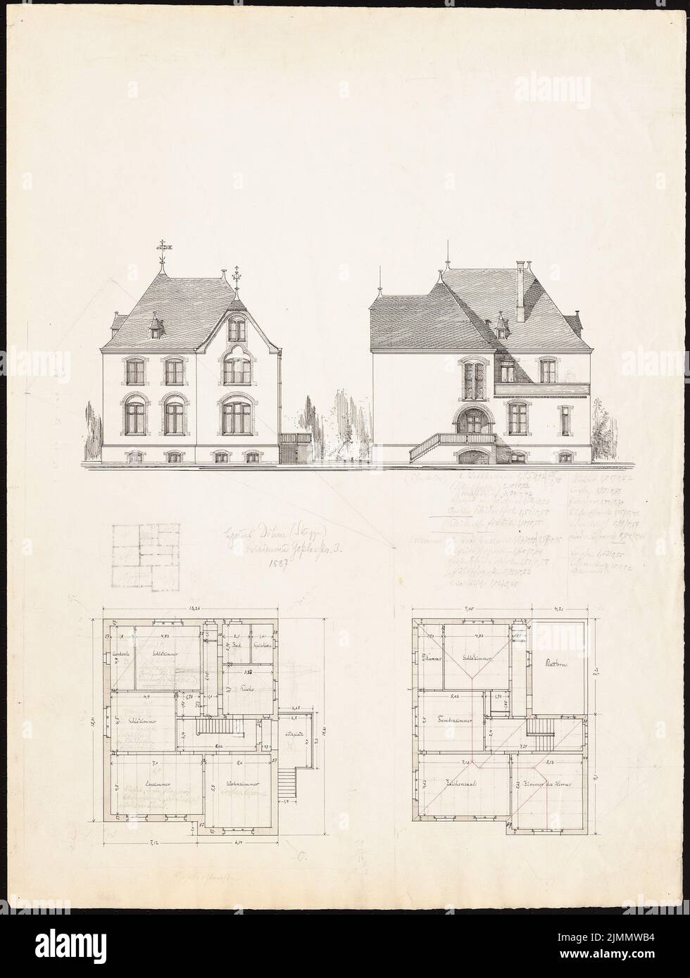 Dihm Ludwig (1849-1928), Haus Dihm, Berlin-Friedenau (1887): 2 views, 2 floor plans (with sketches). Ink, pencil, ink colored on paper, 69.1 x 52.1 cm (including scan edges) Stock Photo