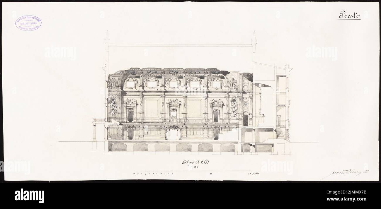 Jacobs & Wehling, Tonhalle in Düsseldorf (1886): cross -section. Tusche watercolor, white heighted on the cardboard, 31.7 x 66 cm (including scan edges) Stock Photo