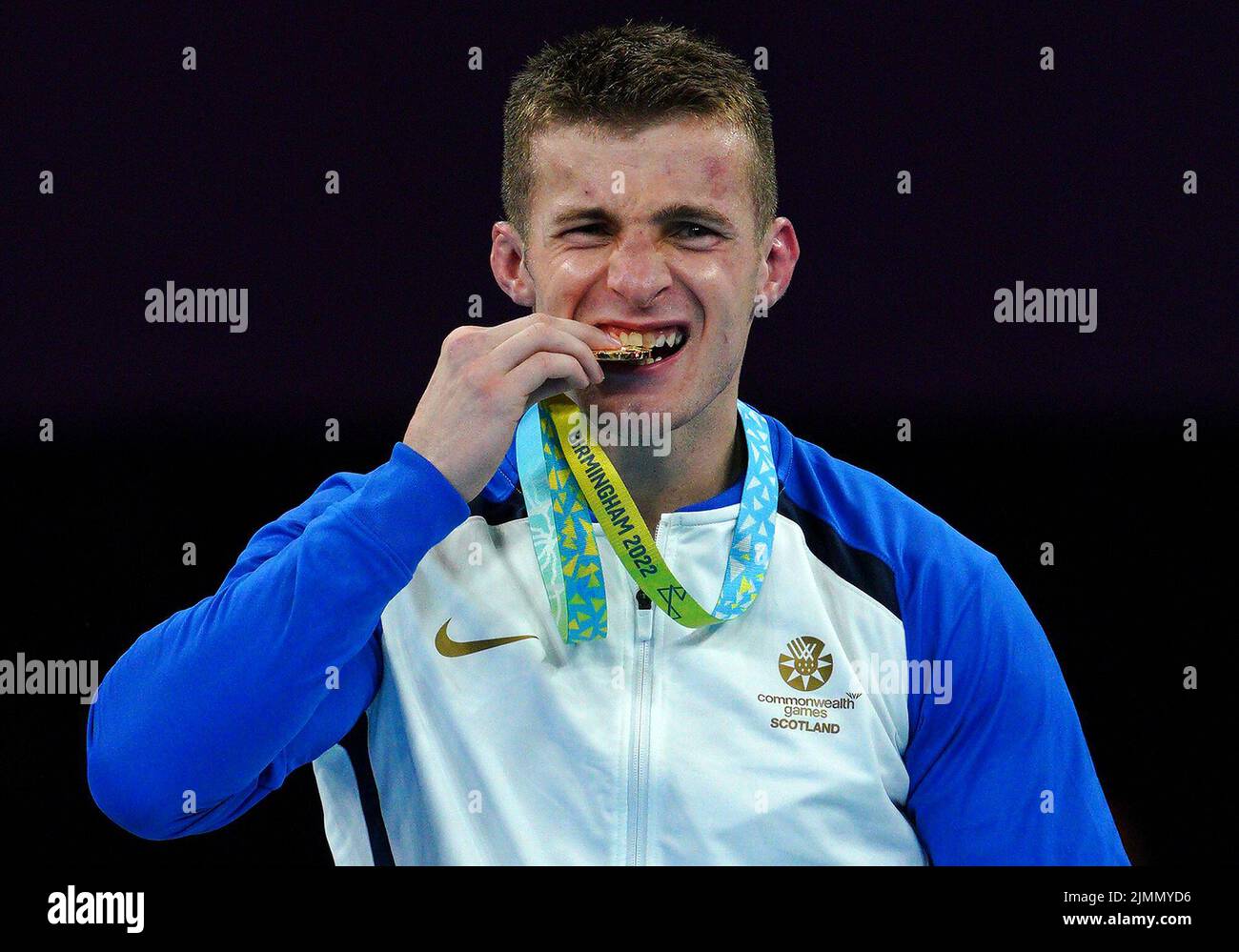 Scotland's Sean Lazzerini after winning gold in the Men's Light Heavy 75-80kg boxing at The NEC on day ten of the 2022 Commonwealth Games in Birmingham. Picture date: Sunday August 7, 2022. Stock Photo