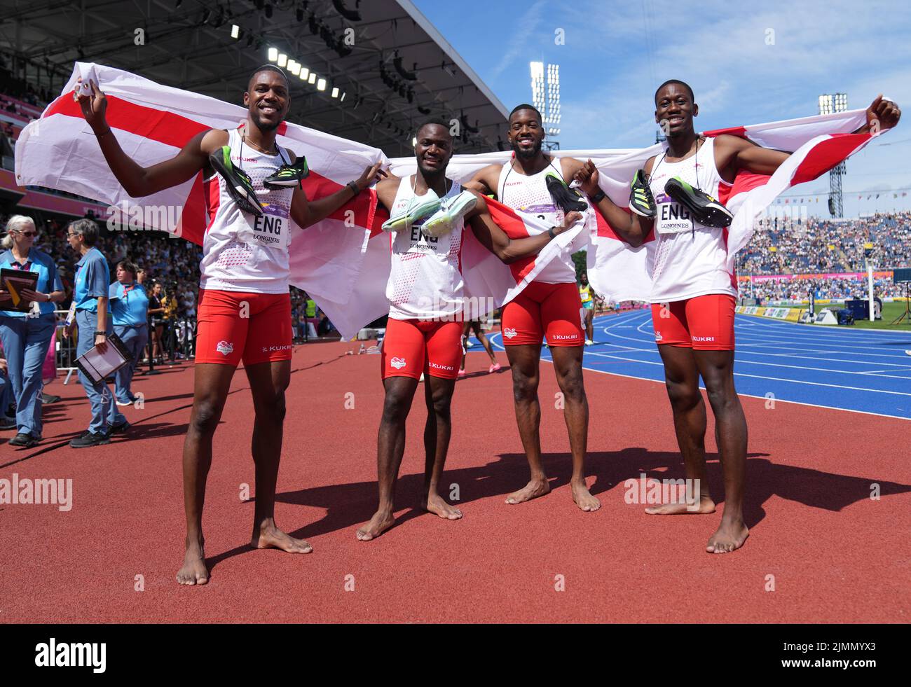 (Left to right) England's Zharnel Hughes, Jona Efoloko, Nethaneel Mitchell-Blake and Ojie Edoburun celebrate after winning gold in Men's 4 x 100m Relay - Final at Alexander Stadium on day ten of the 2022 Commonwealth Games in Birmingham. Picture date: Sunday August 7, 2022. Stock Photo