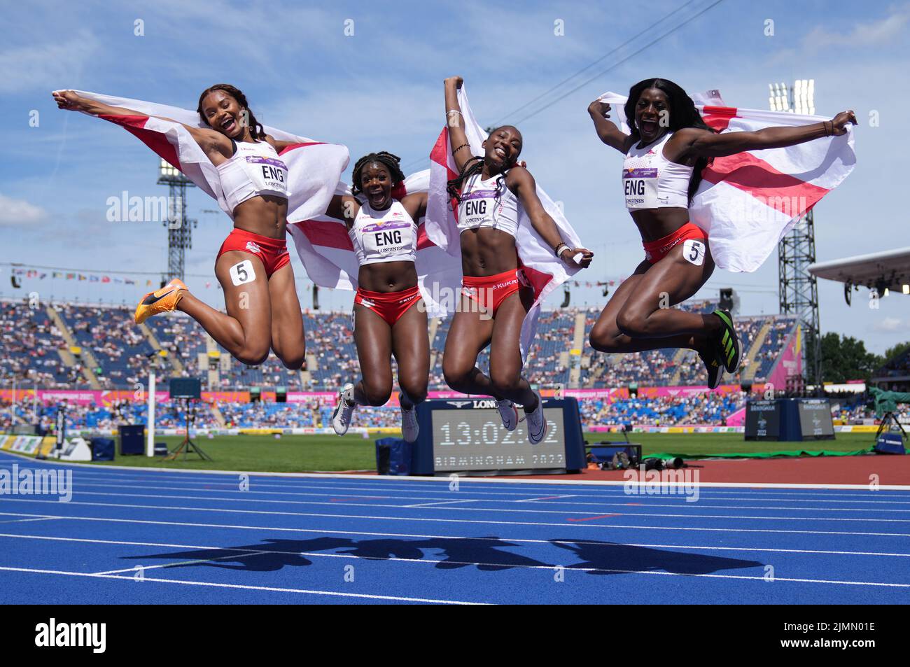Silver medallists England's Imani Lansiquot, Asha Philip, Bianca Williams and Daryll Neita celebrate after the Women's 4 x 100m at Alexander Stadium on day ten of the 2022 Commonwealth Games in Birmingham. Picture date: Sunday August 7, 2022. Stock Photo