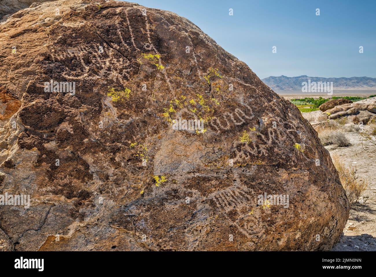 Petroglyphs panel at tuff outcrop, Ash Springs rock art site, Pahranagat Valley, near Ash Springs, Nevada, USA Stock Photo