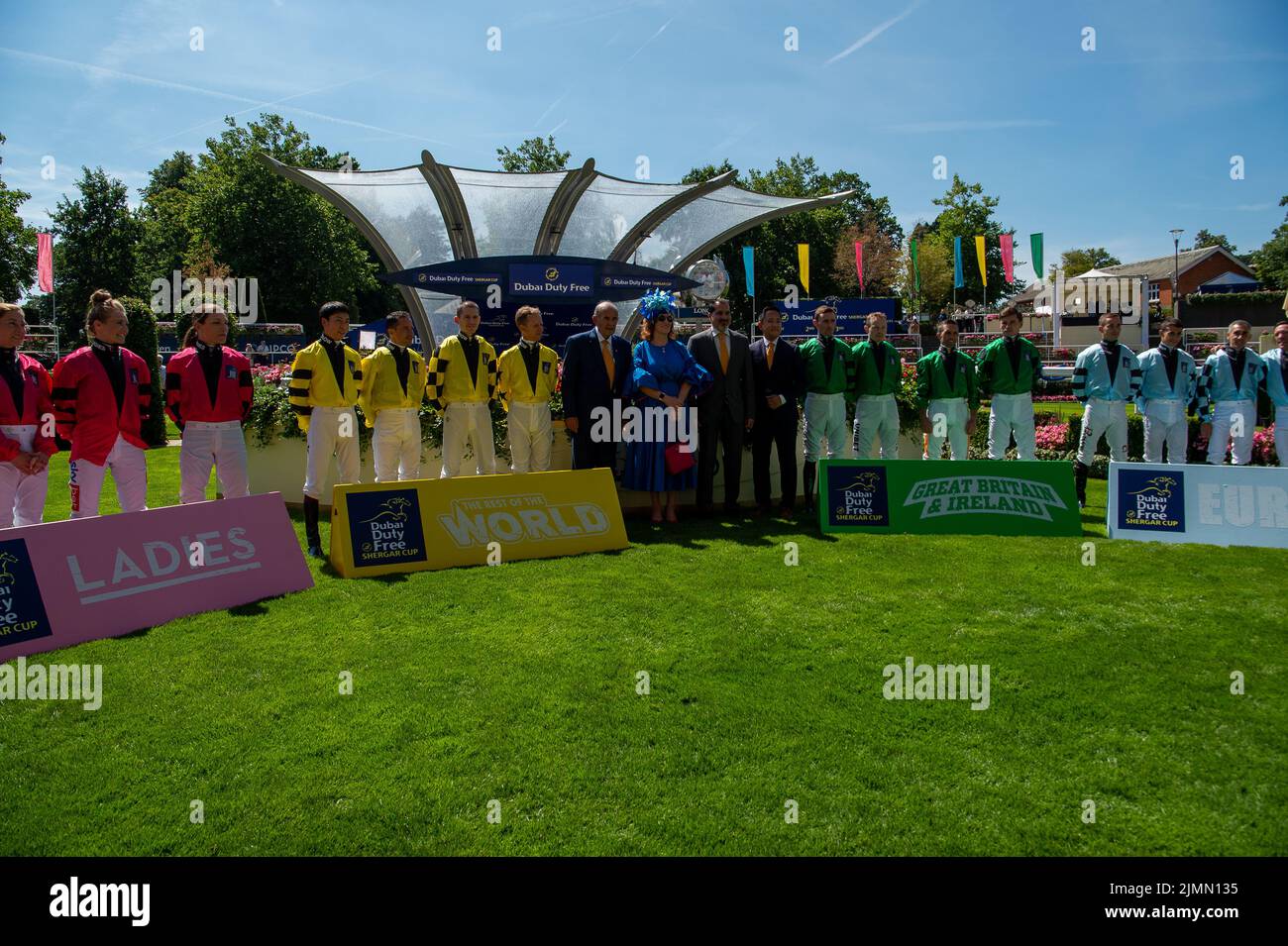Ascot, Berkshire, UK. 6th August, 2022. The four teams ready to race in the Dubai Duty Free Shergar Cup horse racing at Ascot Racecourse. Credit: Maureen McLean/Alamy Stock Photo